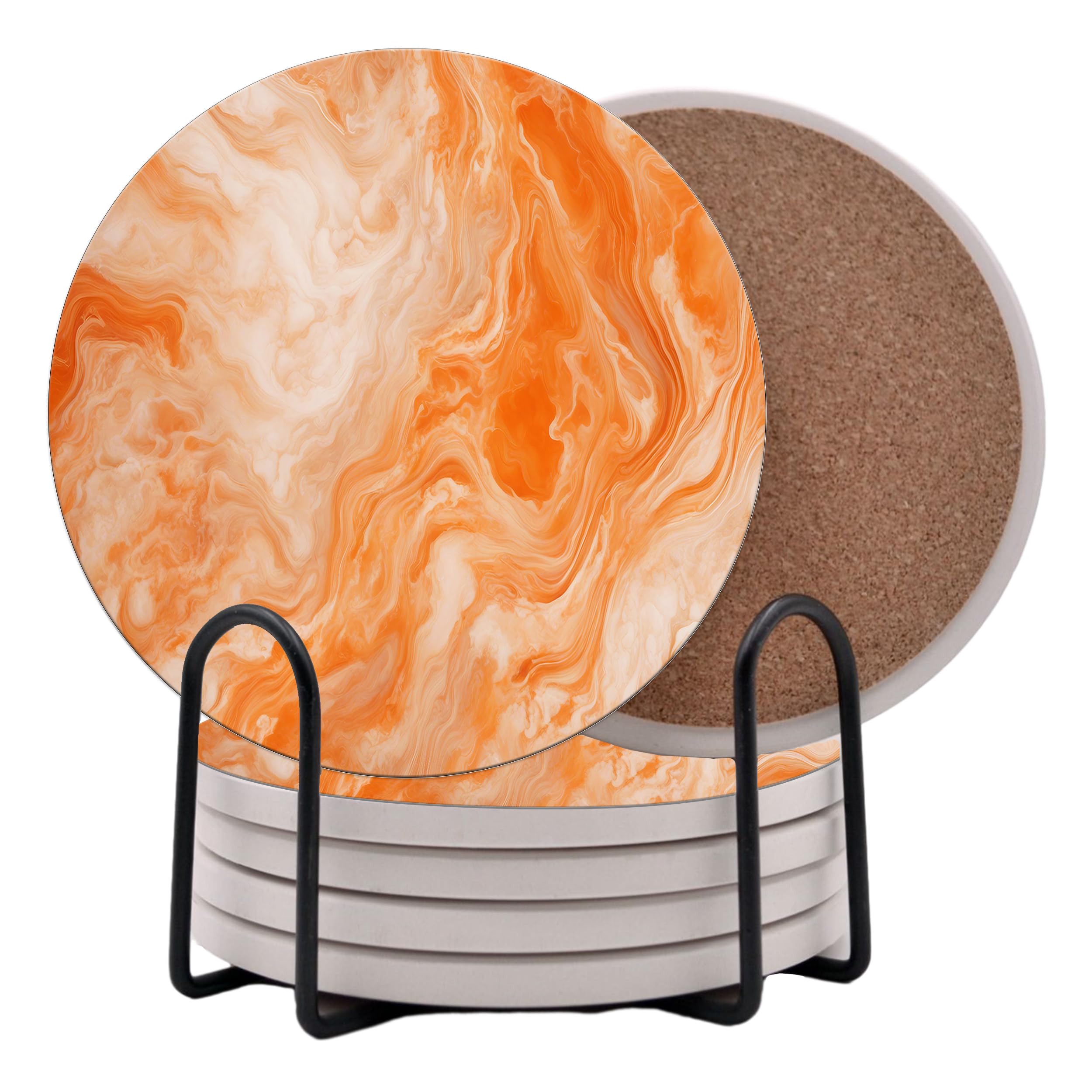Orange and White Marble Round Coasters Set of 6 - Abosrbent Ceramic Coasters with Metal Stand for Drinks, Coffee, Non-Slip Cork Back for Tabletop Protection, 4 Inches Marbled Pattern (Orange)