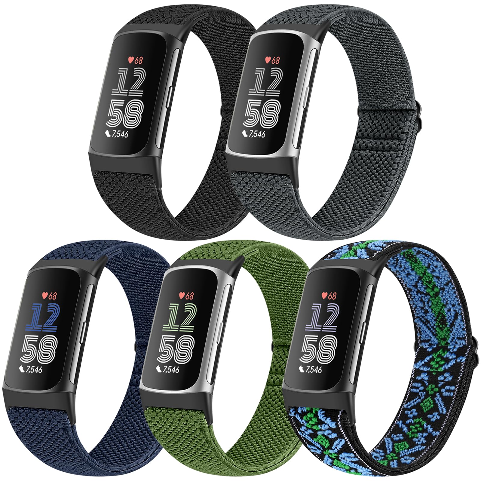 Runostrich Adjustable Elastic Watch Bands Compatible with Fitbit Charge 6/Fitbit Charge 5 for Women Men, 5 Pack Stretchy Sport Loop Band Soft Nylon