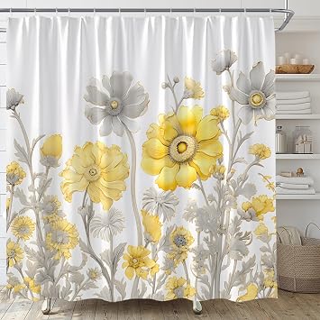 Yellow Flower Floral Shower Curtain for Bathroom,70x70 Inch | Rustic Farmhouse Style Decor,Polyester Fabric,Helps Reduce Water Splashing,Machine Washable,Include Hooks