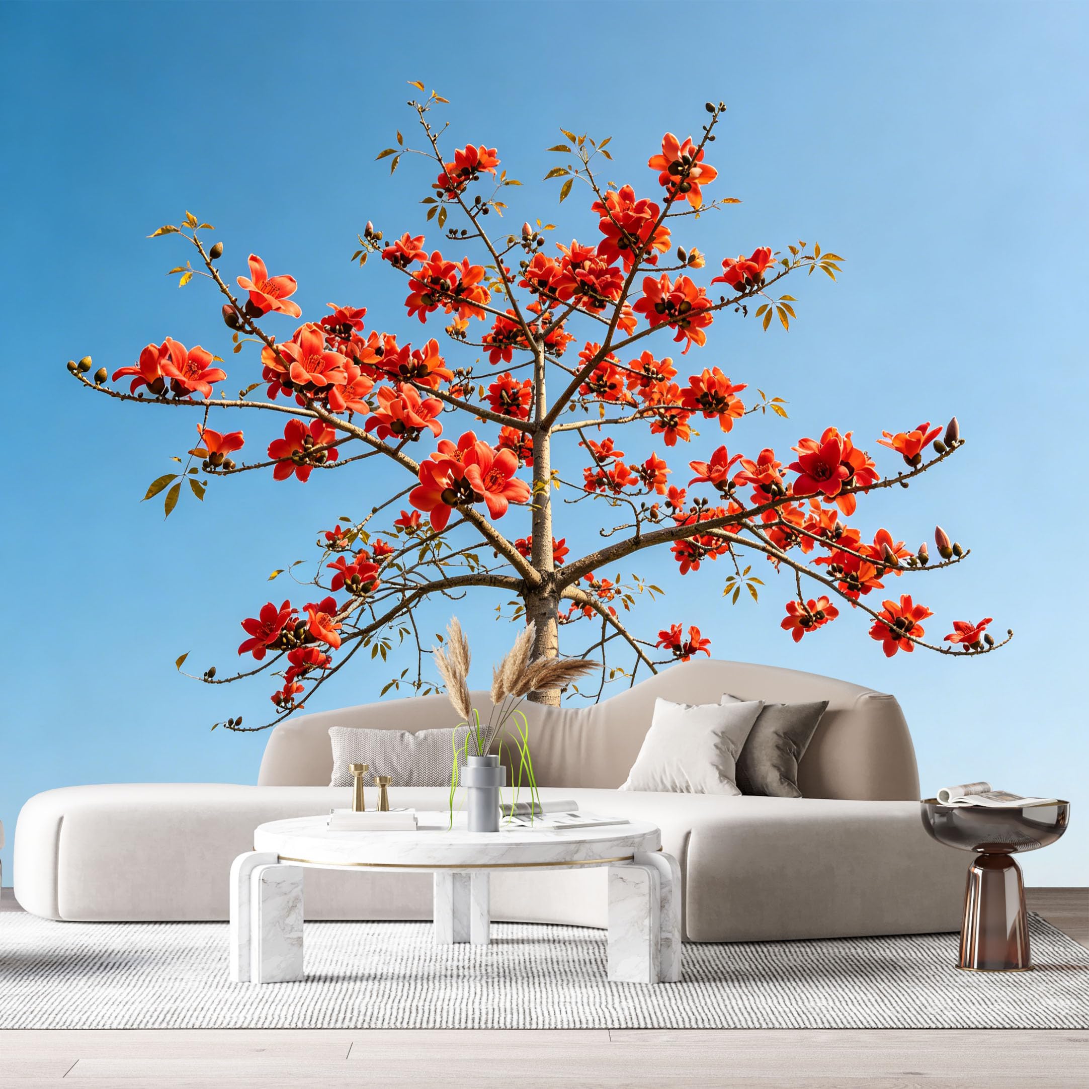 Custom Size Wall Murals Blooming Tree Botanical Watercolor Blue Sky SelfAdhesive Wall Fabric Removable Large Wallpaper for Photo Living Room