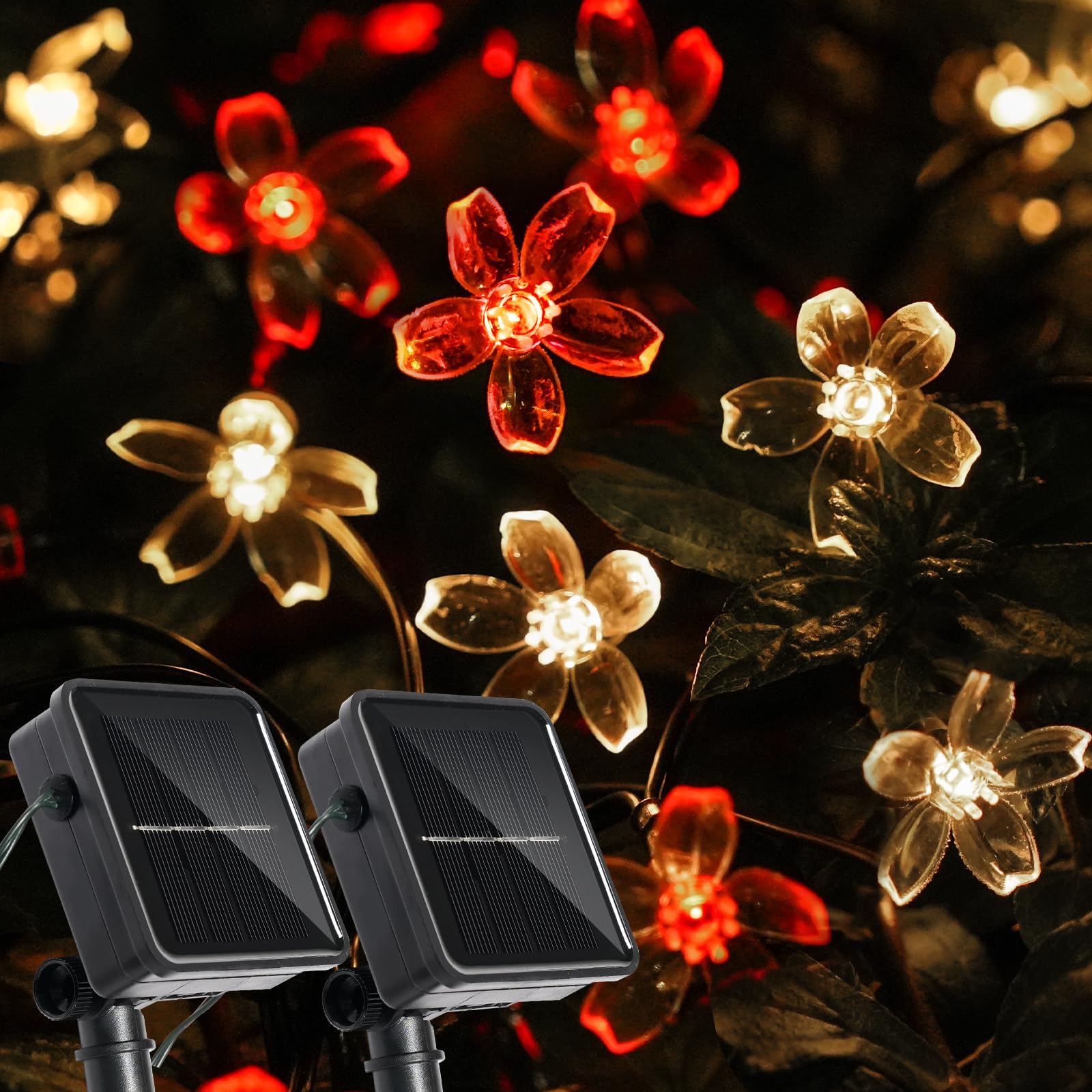 Confezione da 2 luci solari da 1,5 m, 120 LED, impermeabili, per giardino, recinzione, patio, cortile, albero di Natale, prato, decorazione per feste di nozze, rosso e bianco caldo