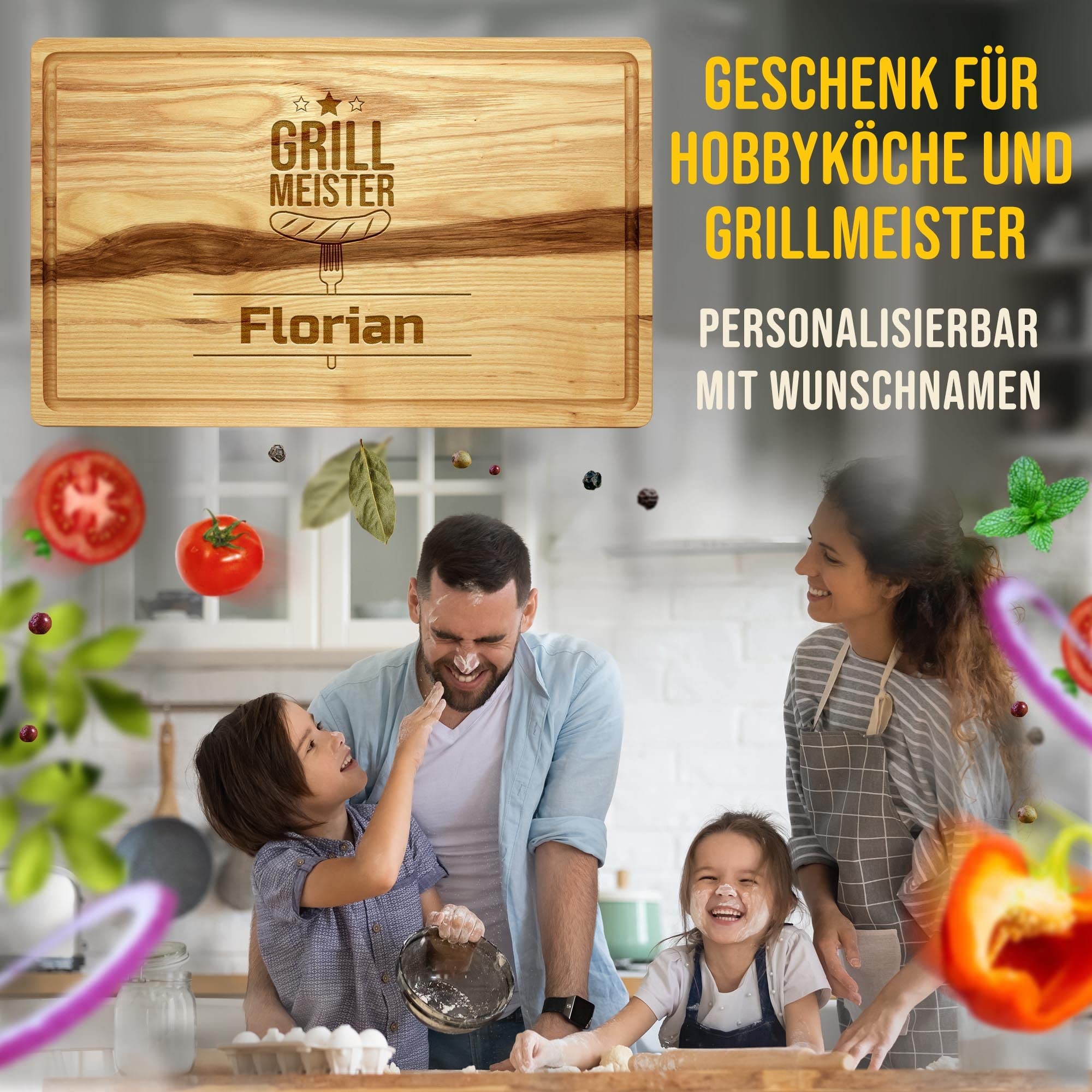 Großes Holzbrett mit Gravur - Schneidebrett personalisiert mit Name - Geschenk für Grillmeister | Eschenholz, 40 x 25 x 2 cm, personalisiertes Geschenk mit Gravur