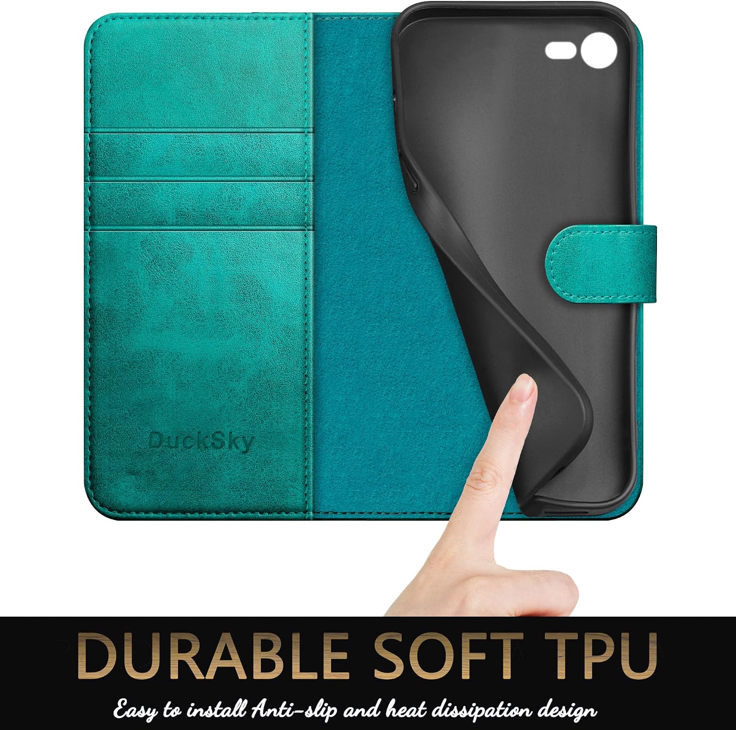 DuckSky for iPhone 7/8/SE 2020/SE 2022 Genuine Leather Wallet case【RFID Blocking】【3 Credit Card Holder】【Real Leather】Flip Folio Book Phone case Protective Cover Women Men for apple 7/8 case Blue Green