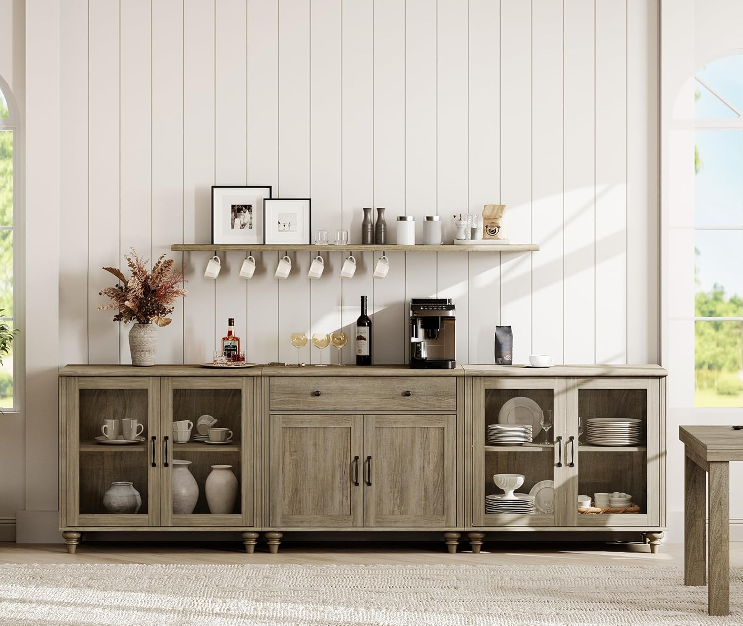 WAMPAT Sideboard Cabinet with Glass Doors, Wood Doors and Drawer, Vintage Wood Grain Design, 3-in-1 Buffet Cabinet with Storage, Coffee Bar for Dinning Room, Kitchen,and Living Room, Wash Grey