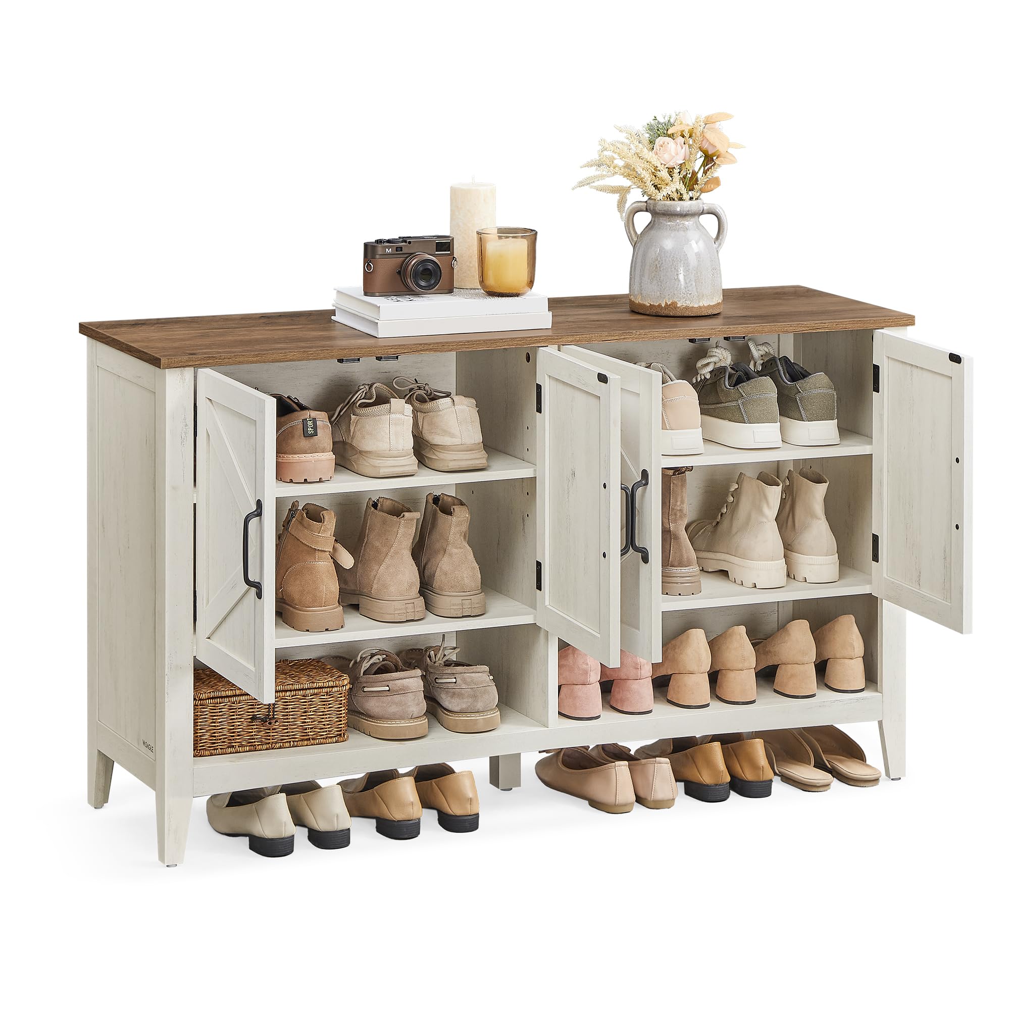 VASAGLE Farmhouse Shoe Cabinet, Narrow Storage Organizer, 4 Doors