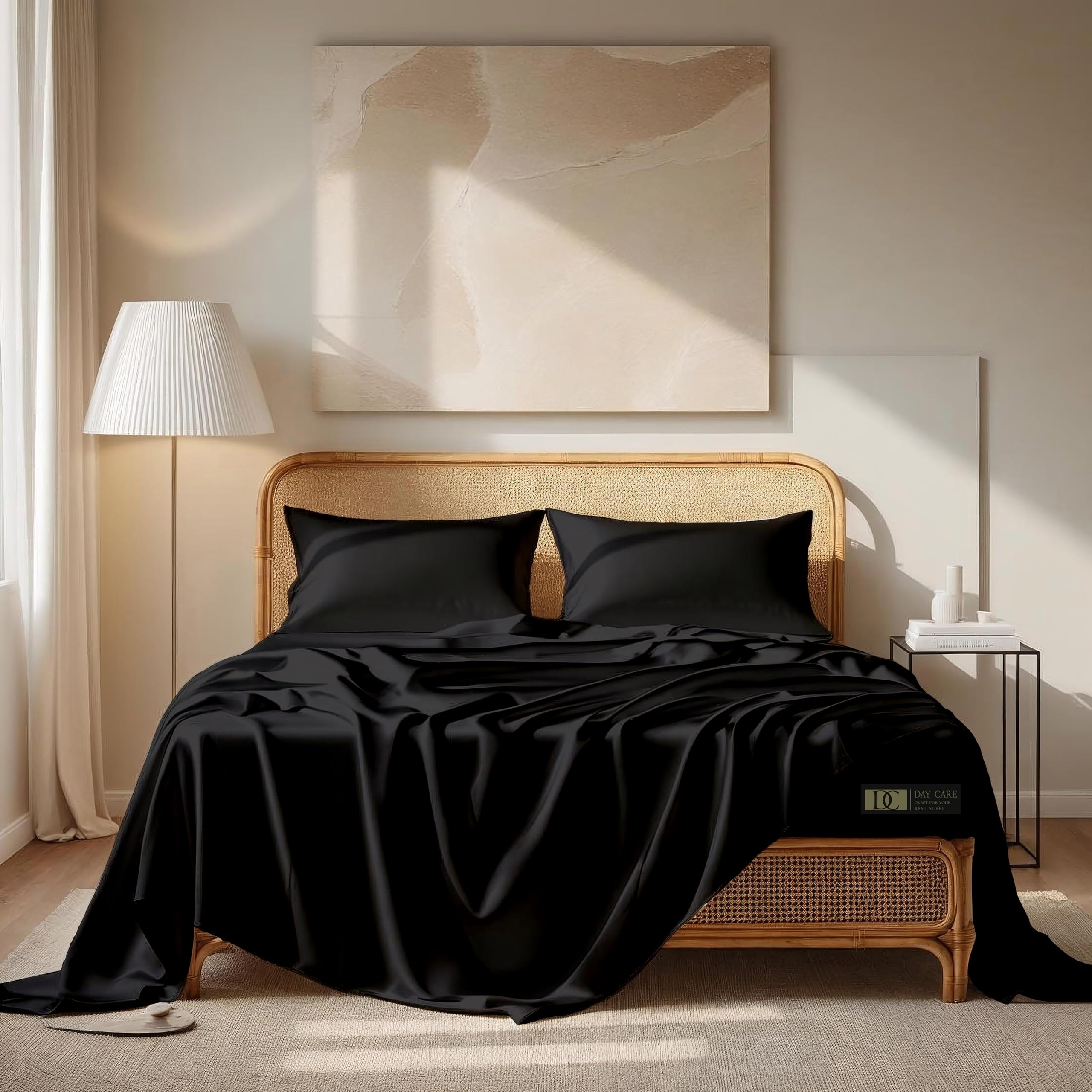 King Size Satin Bedsheets - Luxurious Midnight Black -1 King Size Satin Bedsheets - Luxurious Midnight Black -1