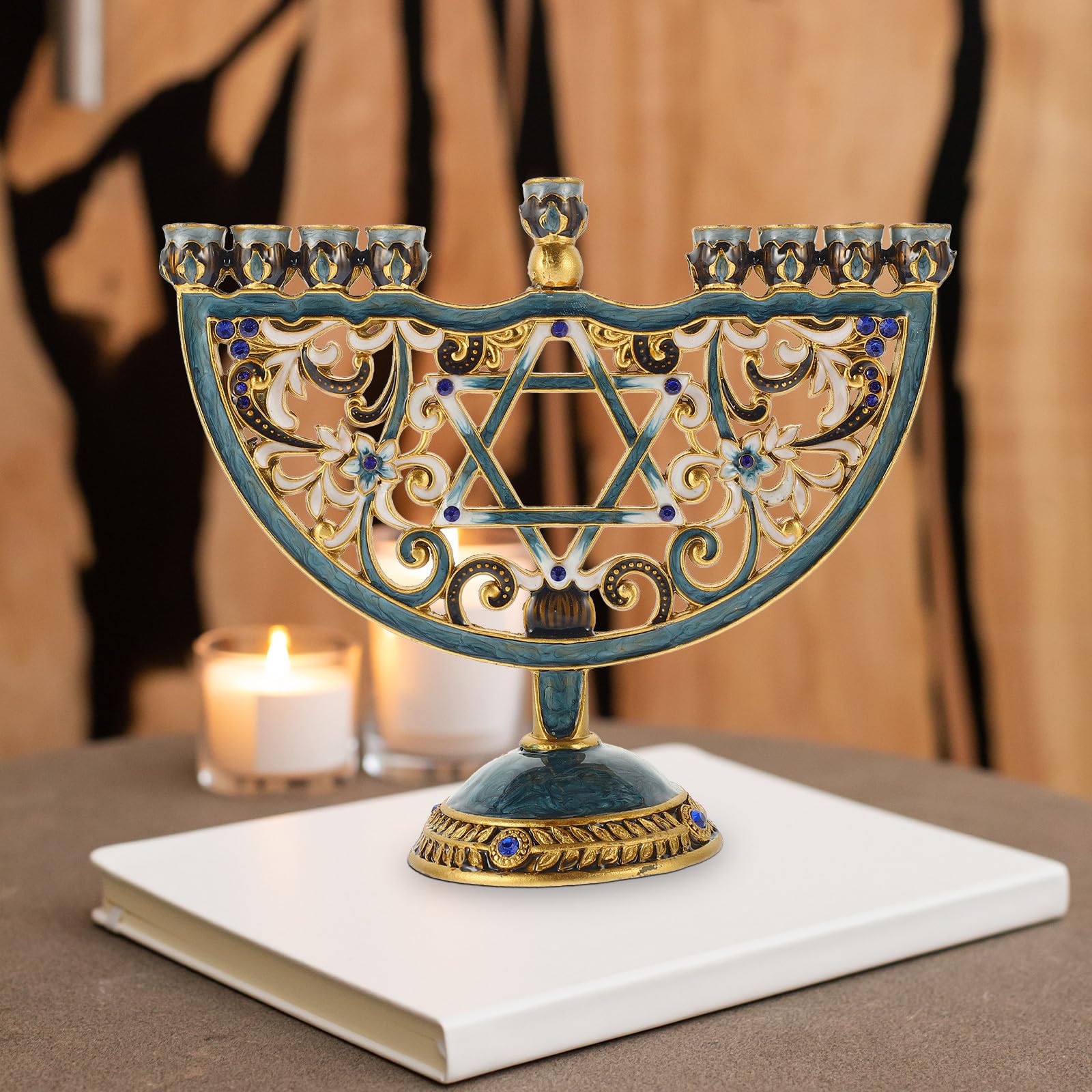 Candelabro Judío de 9 Brazos en Aleación, Decoración de Mesa para Hanukkah | Adorno de Estilo Retro, Forma Especial, Uso en Cafés y Ocasiones Diversas, Pieza Estable para Escritorio