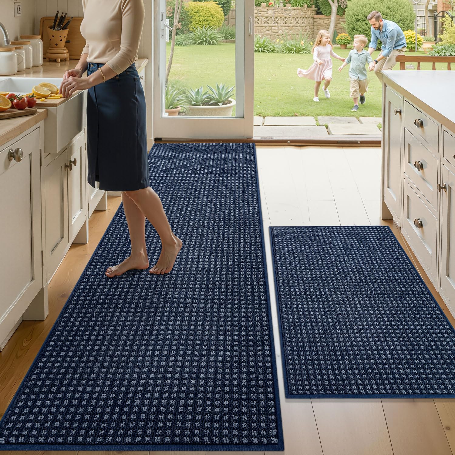 Biscpro Buffalo Plaid Kitchen Rugs Set,60x90+60x180cm,Navy Blue,Non Slip