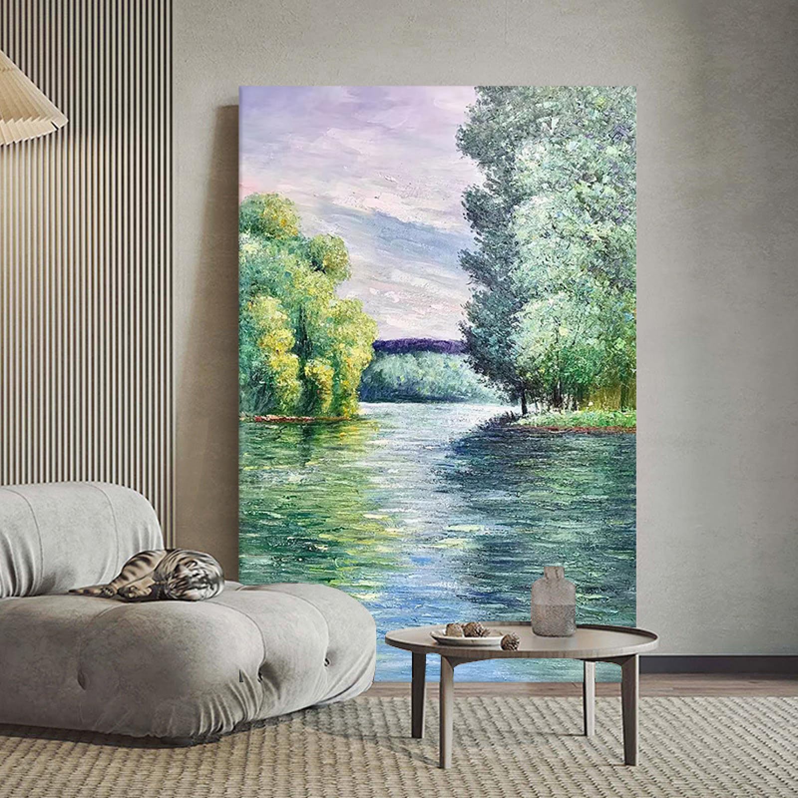Tableau grands arbres au bord du lac peint à la main pour une ambiance sereine
