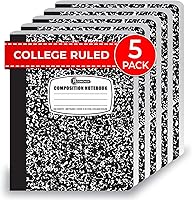 Rosmonde College Ruled Composition Notebooks 5 Pack - 200 Pages Each, Durable Hard Cover Marble Design, Sewn Binding for School & Office