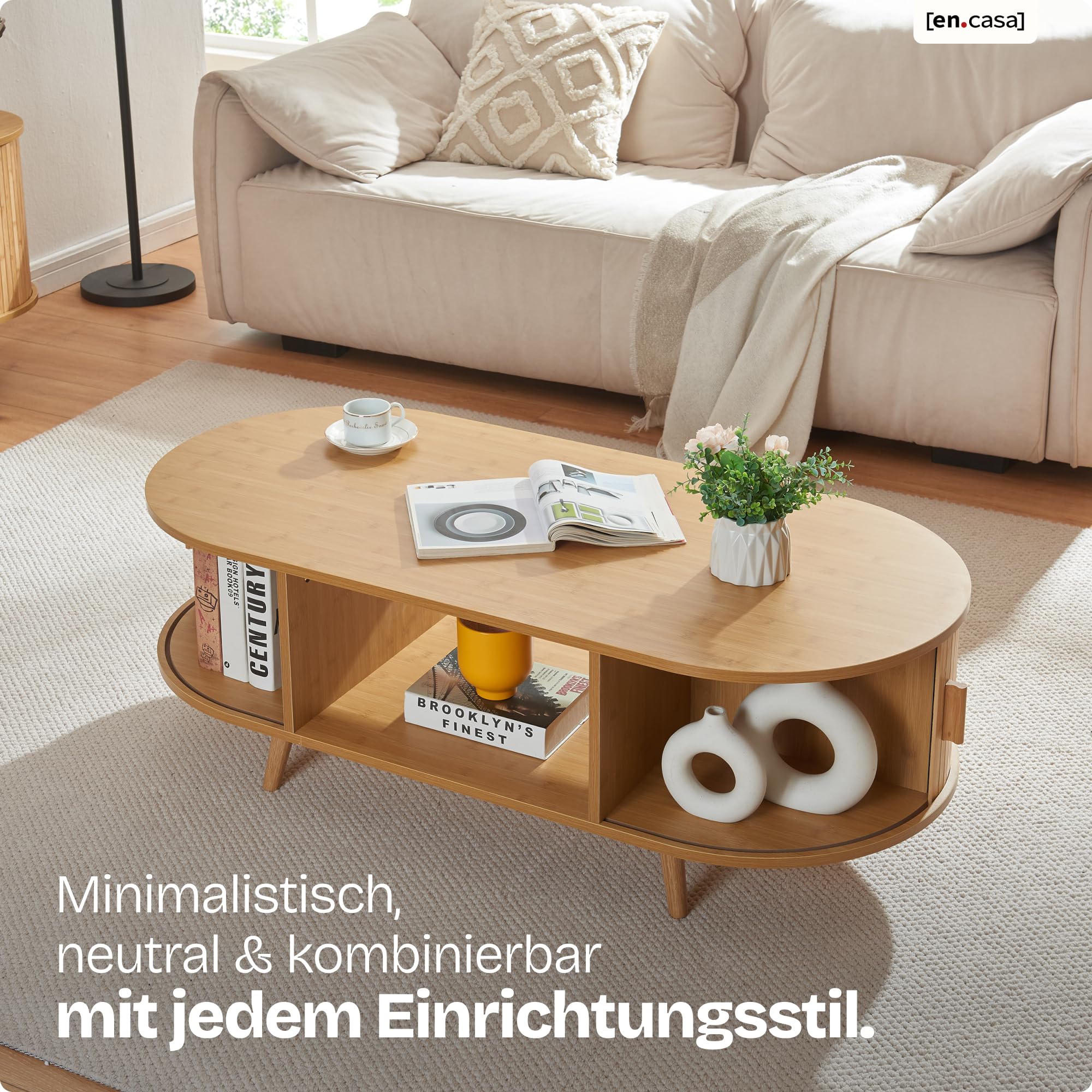 [en.casa] Couchtisch Nordkapp Wohnzimmertisch mit 2 Schiebetüren Bambus Sofatisch mit Stauraum Kaffeetisch Holzbeine 120 x 55 x 40 cm