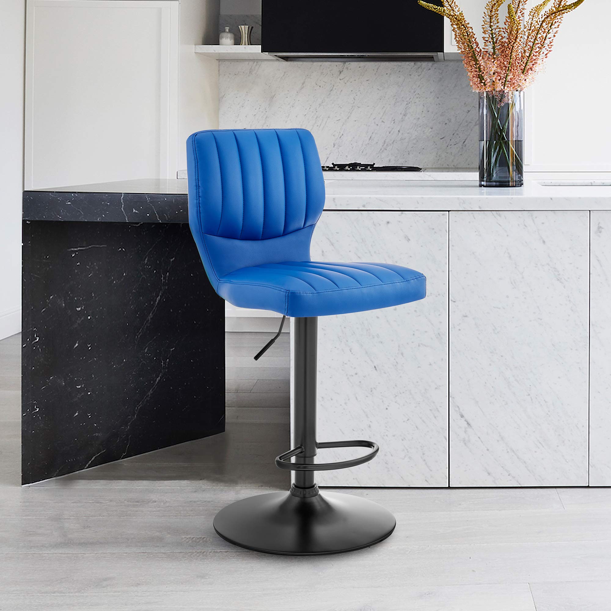 Armen Living Bardot Modern Adjustable Height Blue Faux Leather Swivel Bar Stool for Kitchen Island Counter