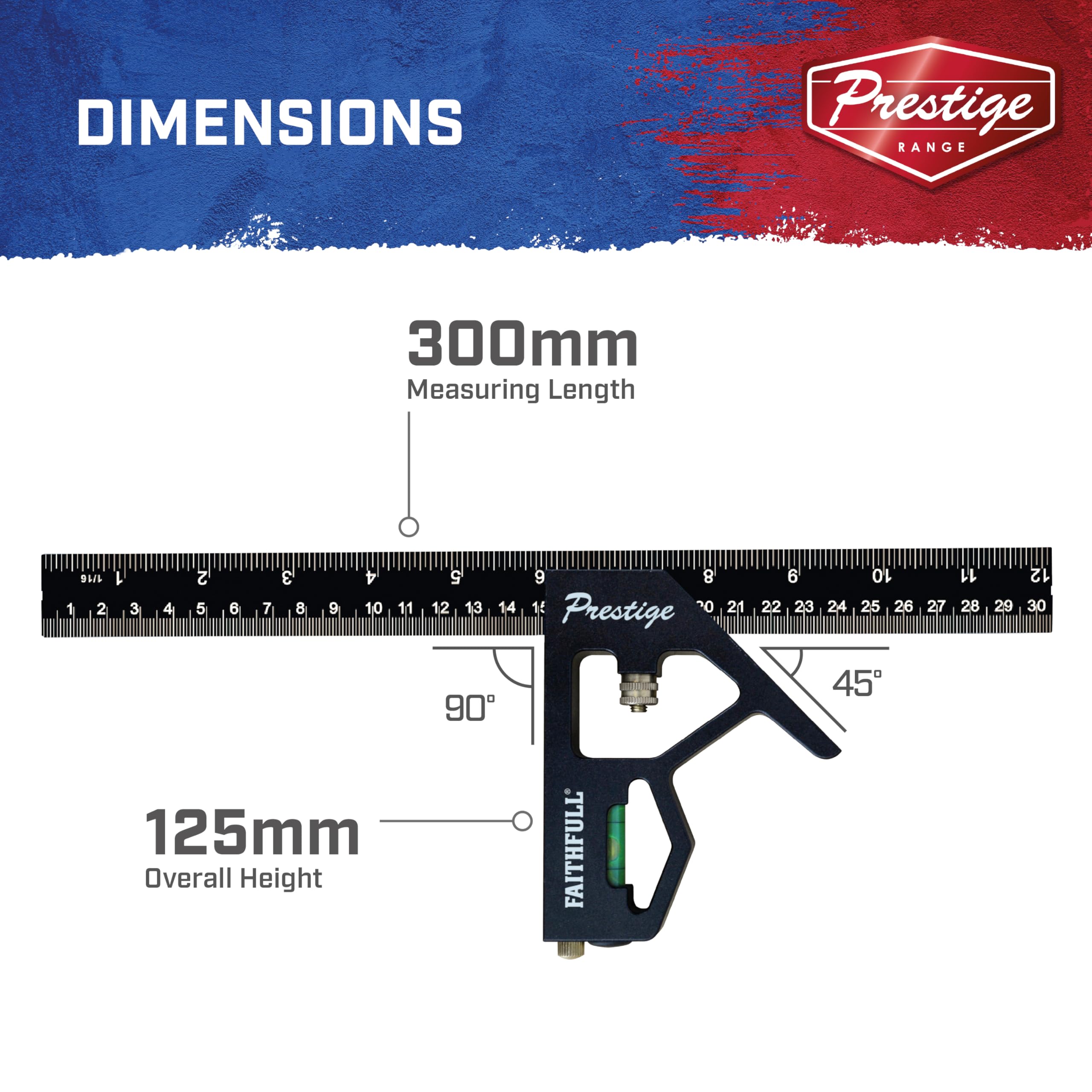 Équerre combinée Faithfull Prestige en aluminium noir 300 mm (12 po) – Outil multifonction de mesure et de traçage avec niveau à bulle et pointe à tracer pour le travail du bois et du métal