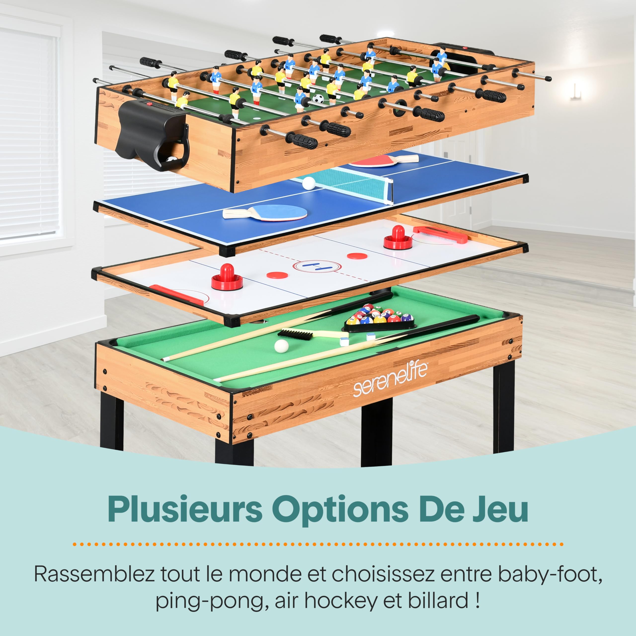 SereneLife Table Multi-Jeux 2-en-1/4-en-1/5-en-1 – Baby-Foot, Air Hockey, Ping-Pong, Billard, Shuffleboard – Table de Jeux d’Arcade Familiale, Accessoires Inclus (sur Pied)