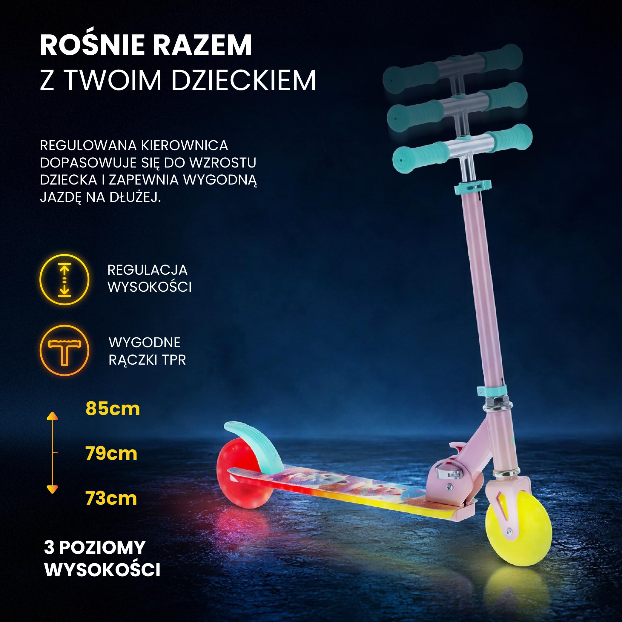SUN BABY LUMI RIDE Hulajnoga dwukołowa dla dzieci, światła LED | od 3 lat, 7 kolorów, 20 programów, 3 poziomy regulacji kierownicy, hamulec nożny, wyjmowane rączki