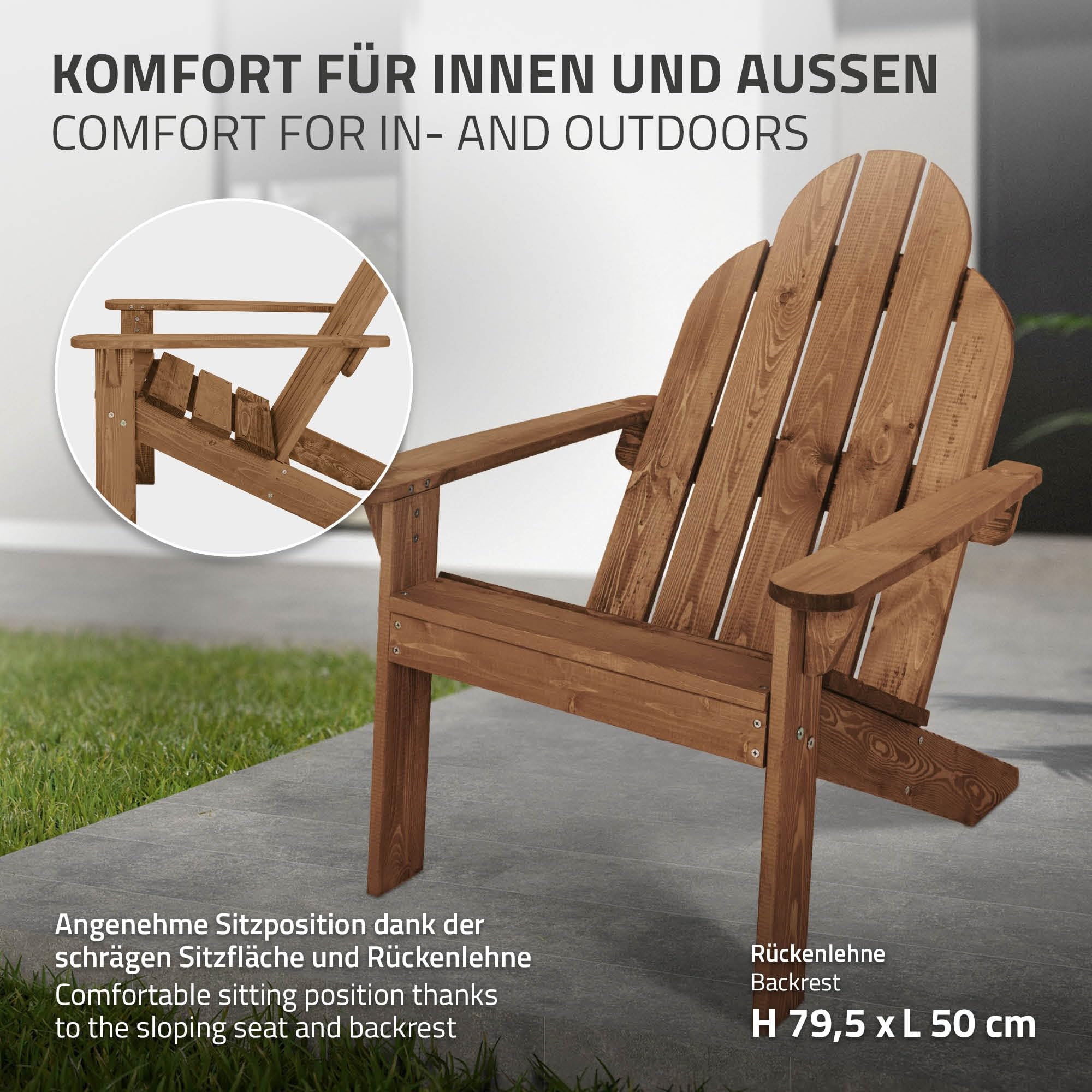 ECD Germany Sedia Adirondack in Legno Massiccio di Abete 92,5 x 70 x 89 cm Marrone Poltroncina da Giardino con Schienale e Braccioli Seduta Ergonomica Resistente alle Intemperie Costruzione Robusta