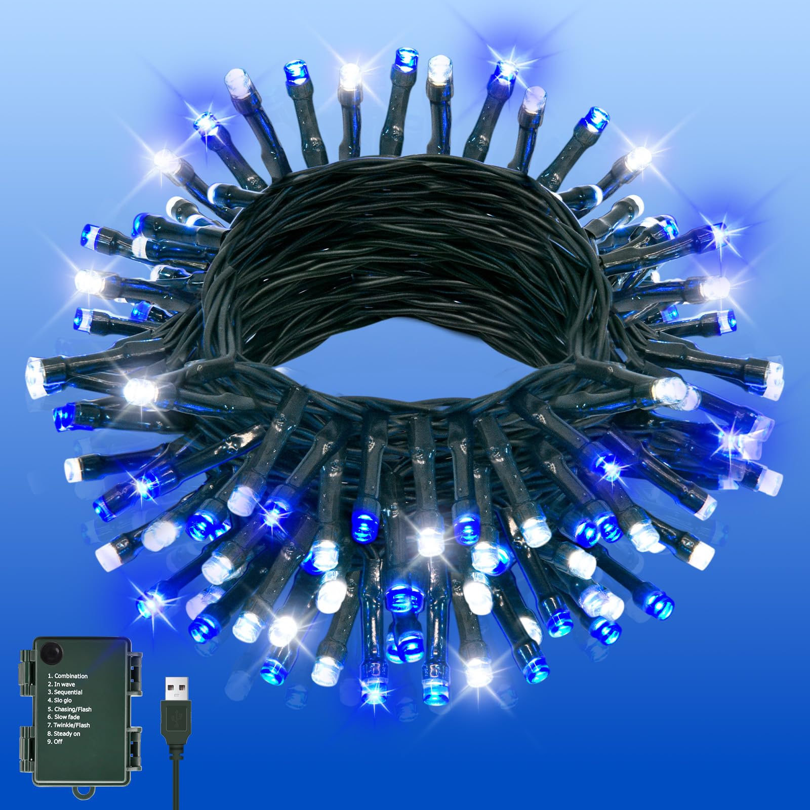 Isisyu Fairy Lights 6M 60LED Fairy String Lights USB or Battery Operated with Timer, 8 Modes, Waterproof Green Wire Blue White Christmas Lights for Indoor Outdoor Bedroom Wedding Birthday Wreath Xmas