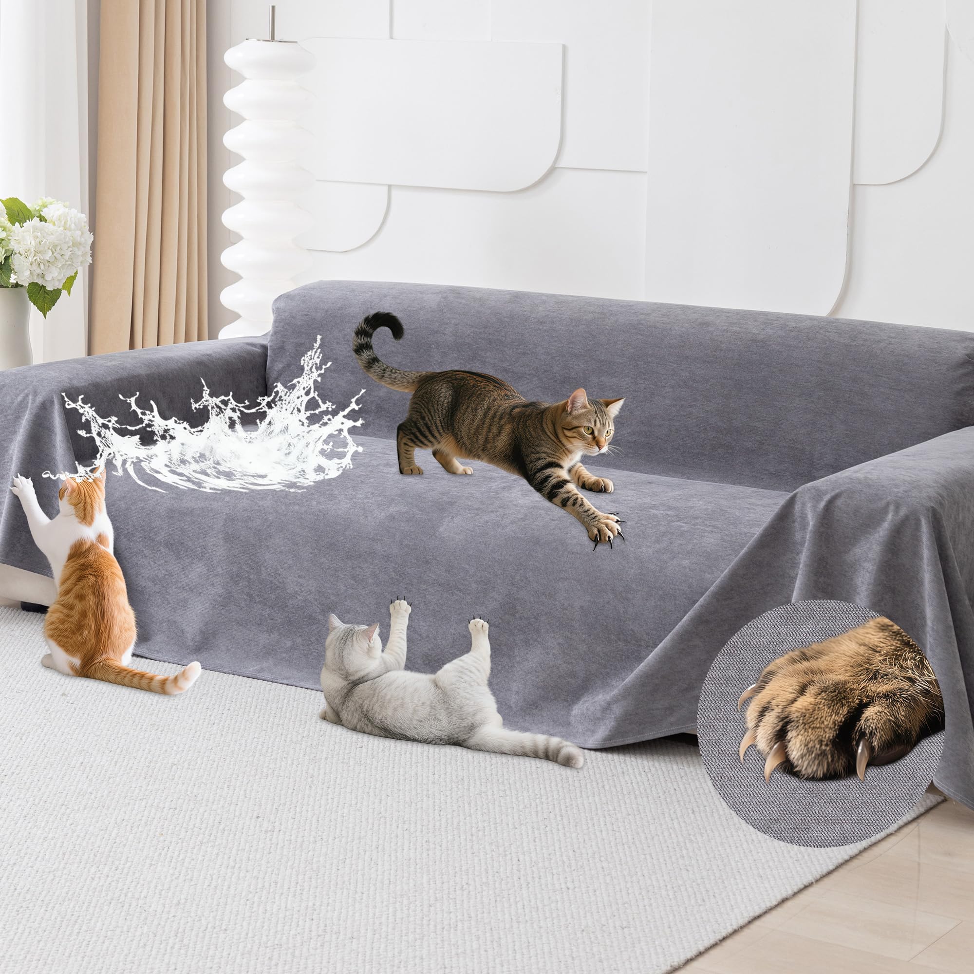 Loiion Protezione Divano Graffi Gatto, Impermeabile Divano Copertura, Copridivano Mobili Protector, Copridivani Impermeabile Resistente Alle Macchie E Ai Graffi per Cani e Gatti, Grigio, 340x180cm