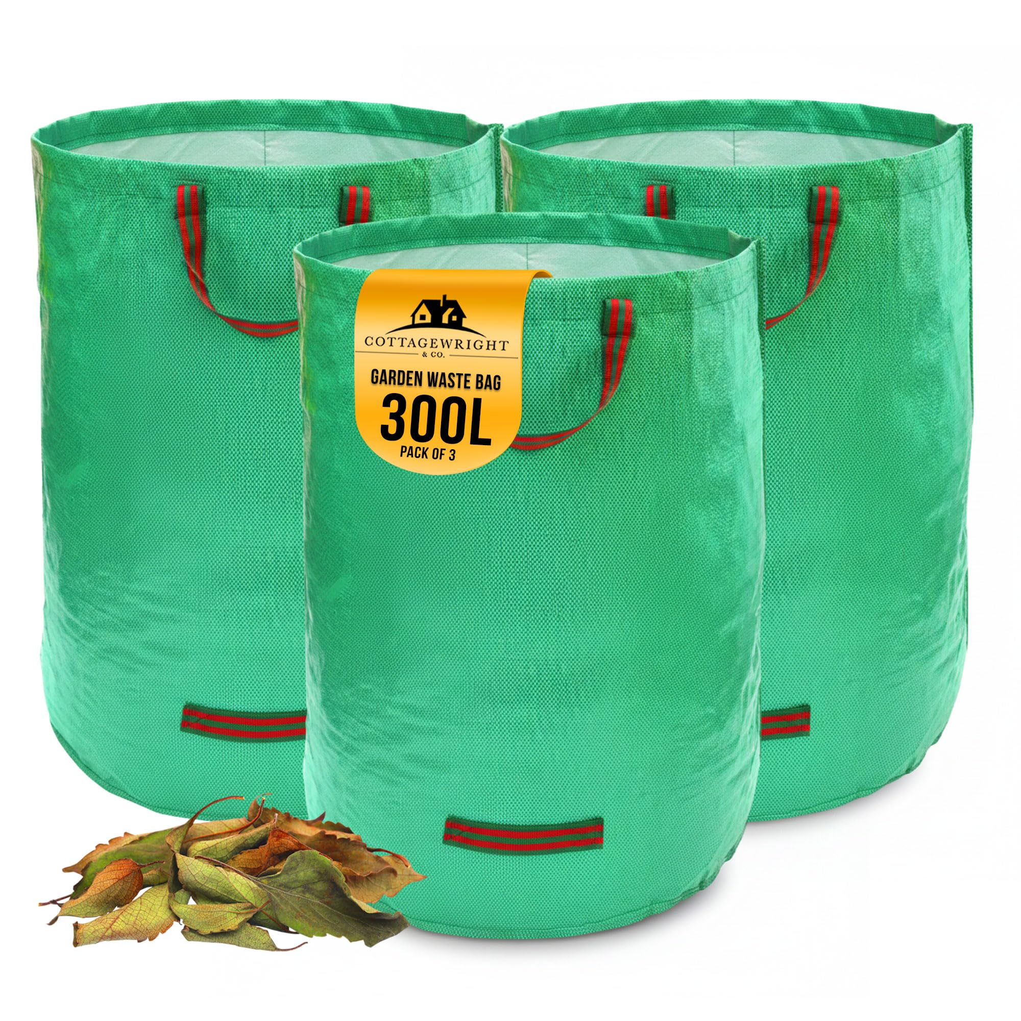 Cottagewright Pack Of 3 - 300L Garden Bags Heavy Duty With Handles - Reusable Garden Waste Bags Heavy Duty For Plant, Grass, Dirt, Leaves Collection, Waste Bags Reusable (Pack Of 3, 300L)