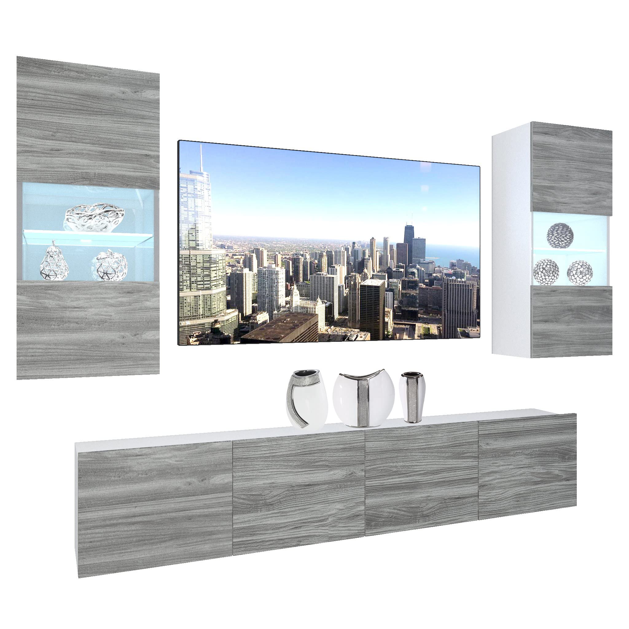 Belini - Set completo da parete per soggiorno, moderno, con illuminazione a LED, in legno