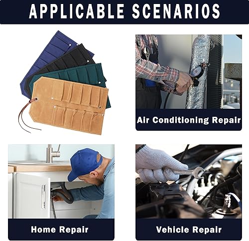 Miniatura 6 de Rollo de cincel rollo organizador de herramientas de lona encerada resistente de 16 onzas bolsa de herramientas pequeña multiusos  10 bolsillos y