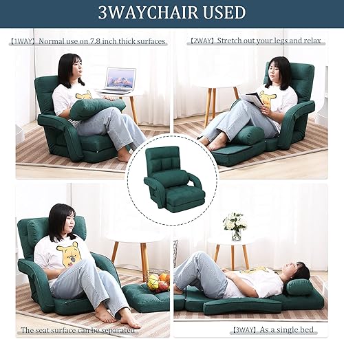 Miniatura 46 de FLOGUOR Silla de suelo, tumbona para interiores, sofá perezoso plegable ajustable de 14 posiciones con reposabrazos y una almohada, sillas