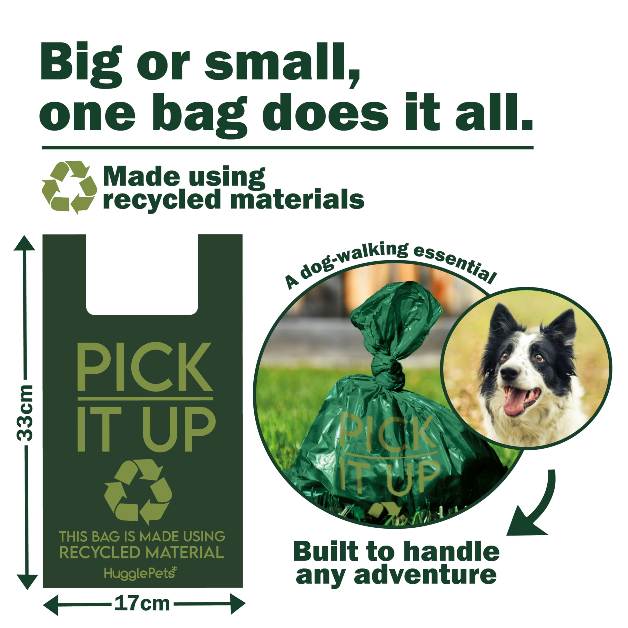 HugglePets Sacchetti grandi per cacca per cani, 54 x 15 sacchetti, per un totale di 810. 'Pick It Up' Baby Powder profumati sacchetti per cacca di cane rotoli 65% riciclati verde porta rifiuti di