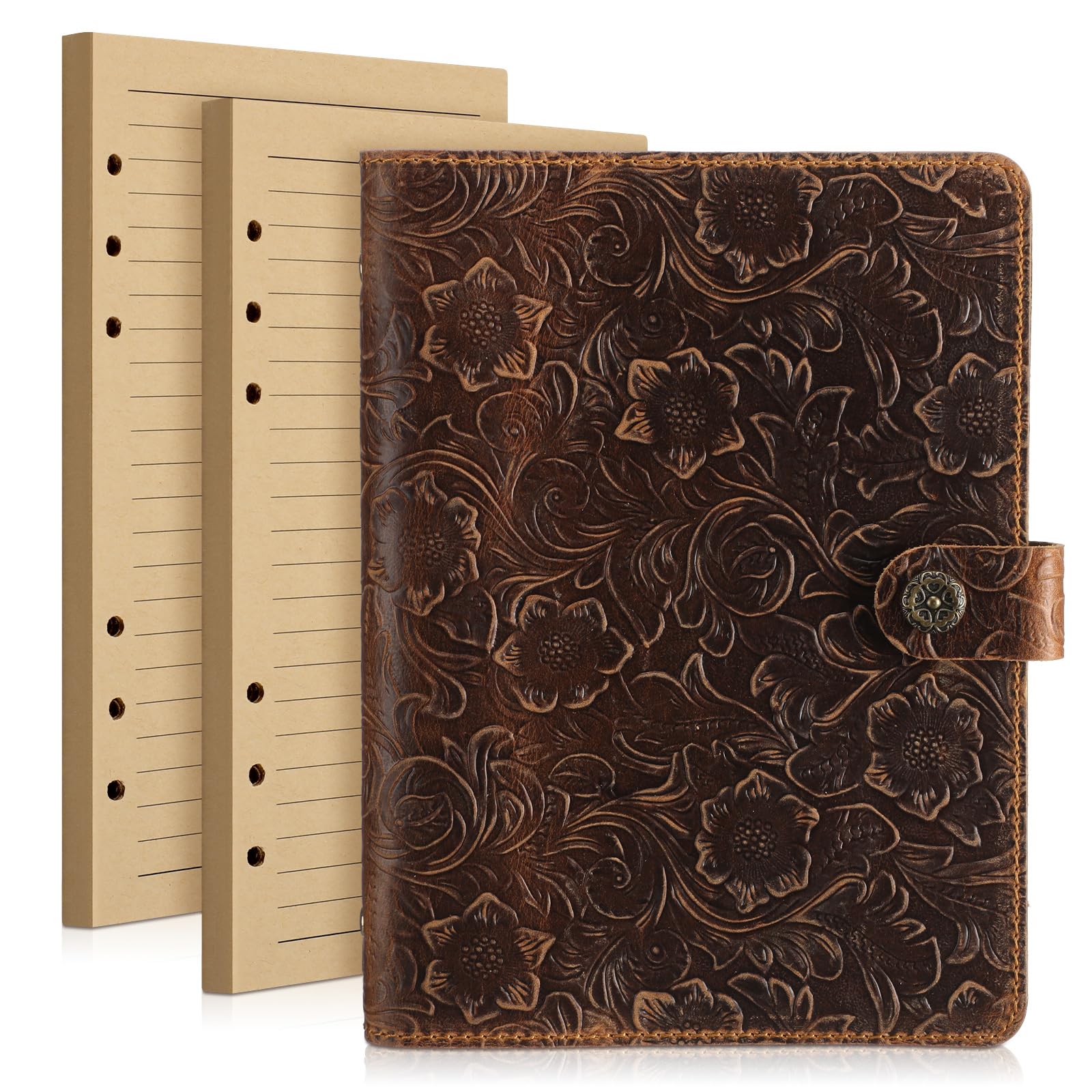 Journal vintage en cuir gaufré floral avec papier ligné A5 marron pour homme et femme avec porte-stylo