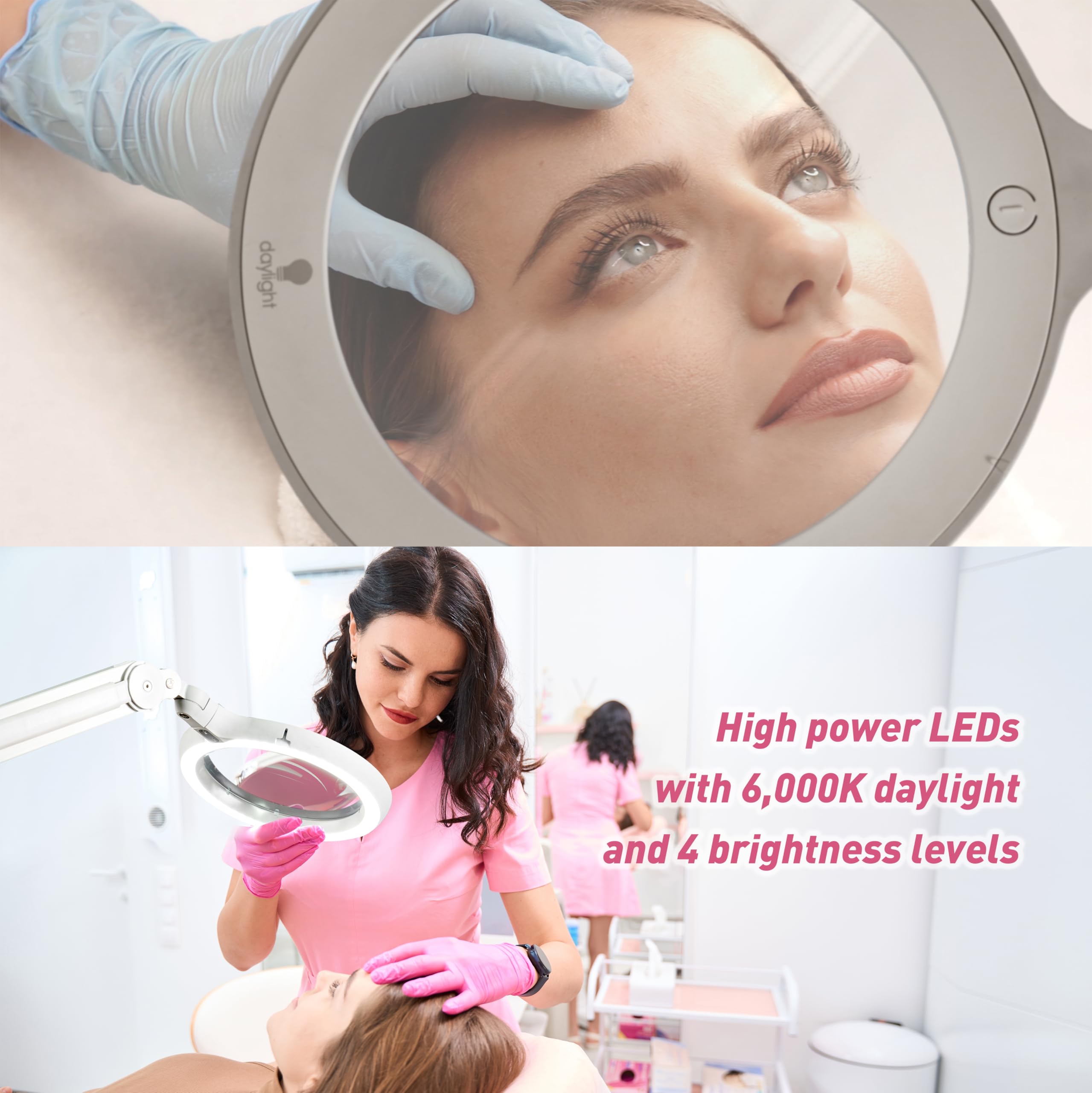 Lampa powiększająca Daylight Omega 7 LED, regulowane ramię, profesjonalne światło do precyzyjnych zadań, 17,8 cm akrylowe soczewki, powiększenie 3 dioptrii (1,75x), 6300 luksów na 15 cm, 4 poziomy