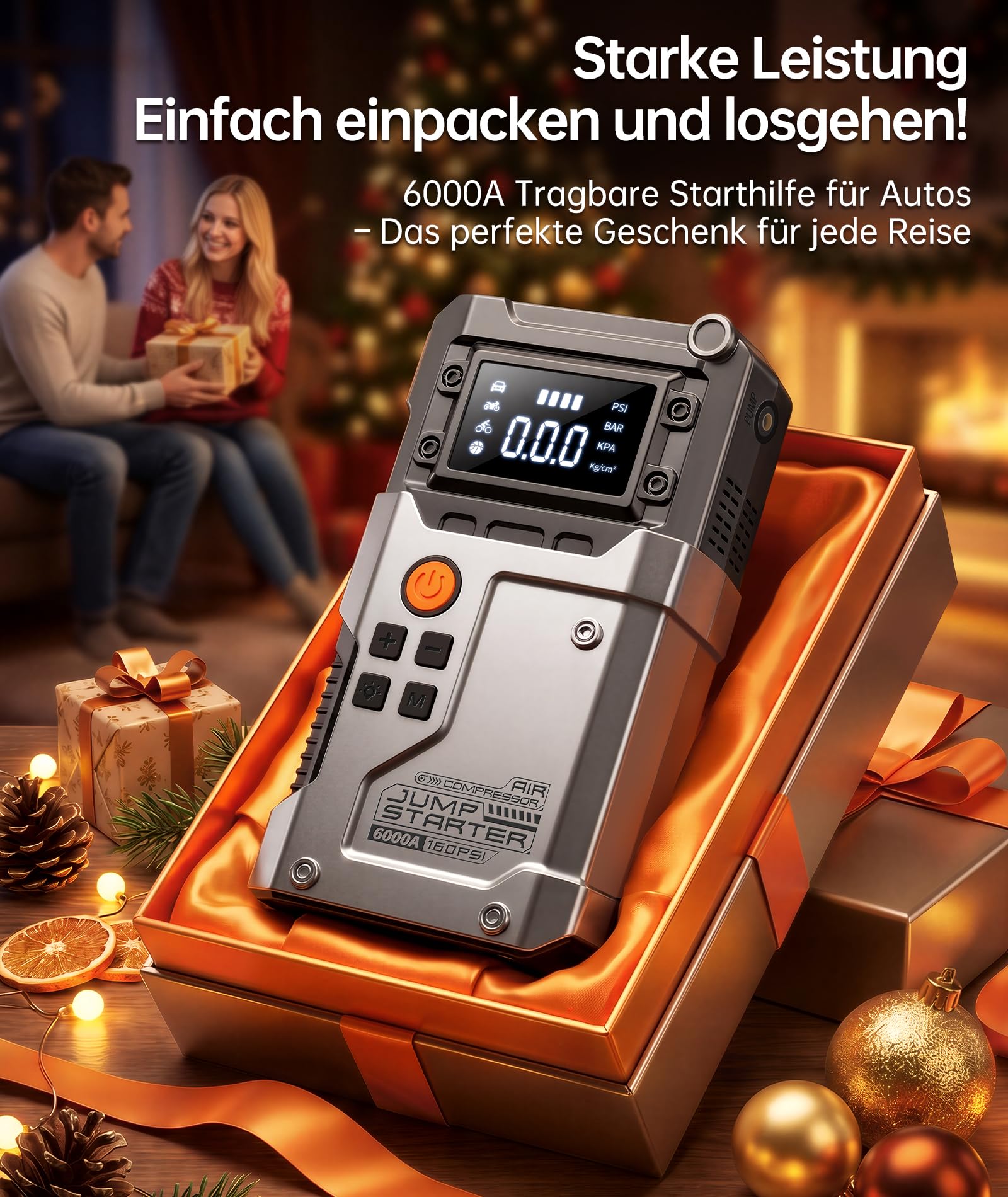 6000A Star thilfe Powerbank mit Kompressor 160PSI für Auto | Starthilfe Powerbank 6000A + 160PSI Kompressor. Geeignet für PKW, SUV, Motorrad, Boot. Verpolungsschutz. Inkl. LED-Lampe