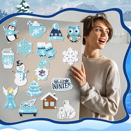 Miniatura 7 de 16 piezas de arte de diamantes de invierno para refrigerador, pintura de diamantes de Navidad, imanes de pingüino de invierno, copos de nieve,