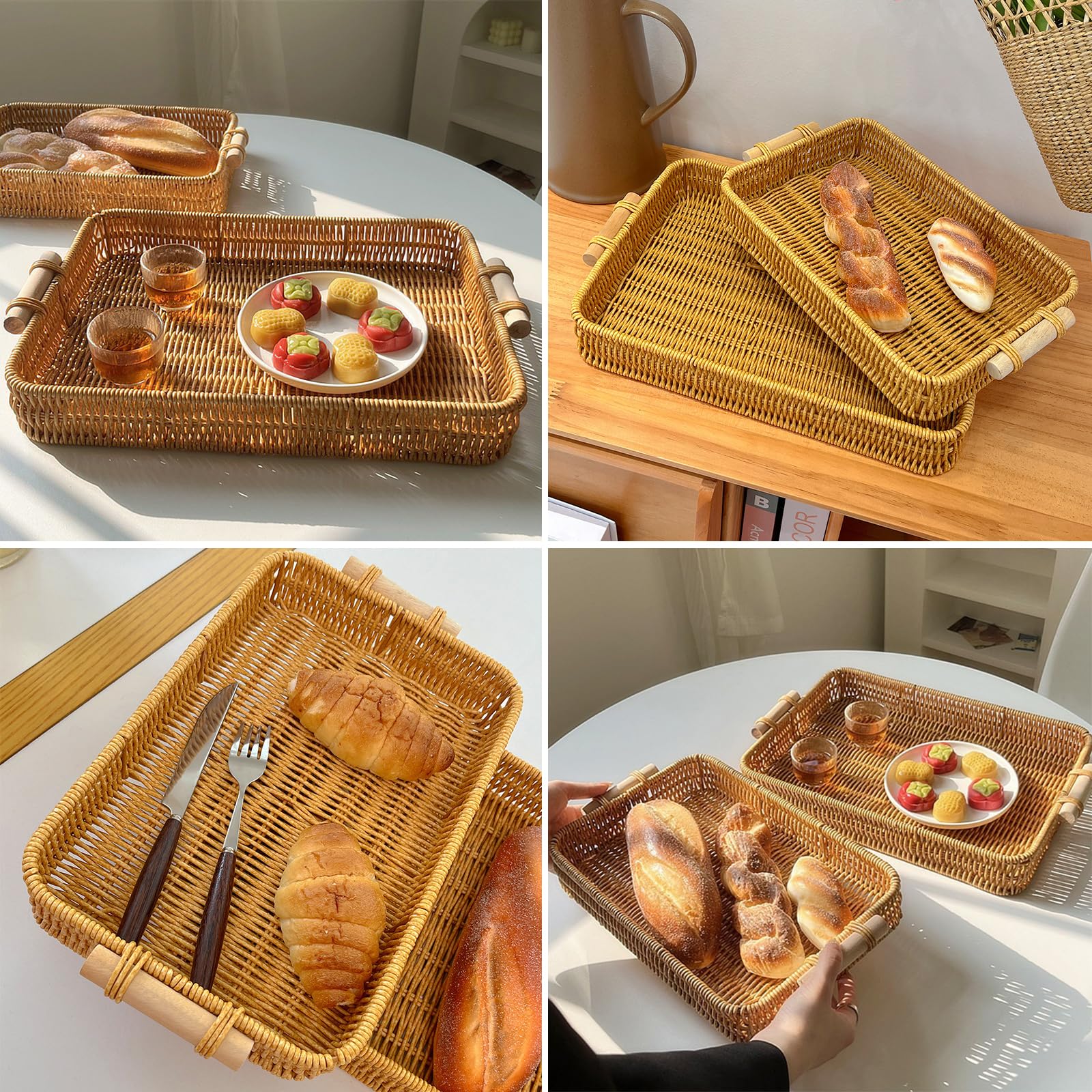 Wicker Basket Serving Tray with Handles Handwoven Rattan Storage Sofa Table Trays Decorative Organizer Tray for Eating Fruit Breakfast Food Coffee Bread Gift for Women, Set of 2 - Image 3