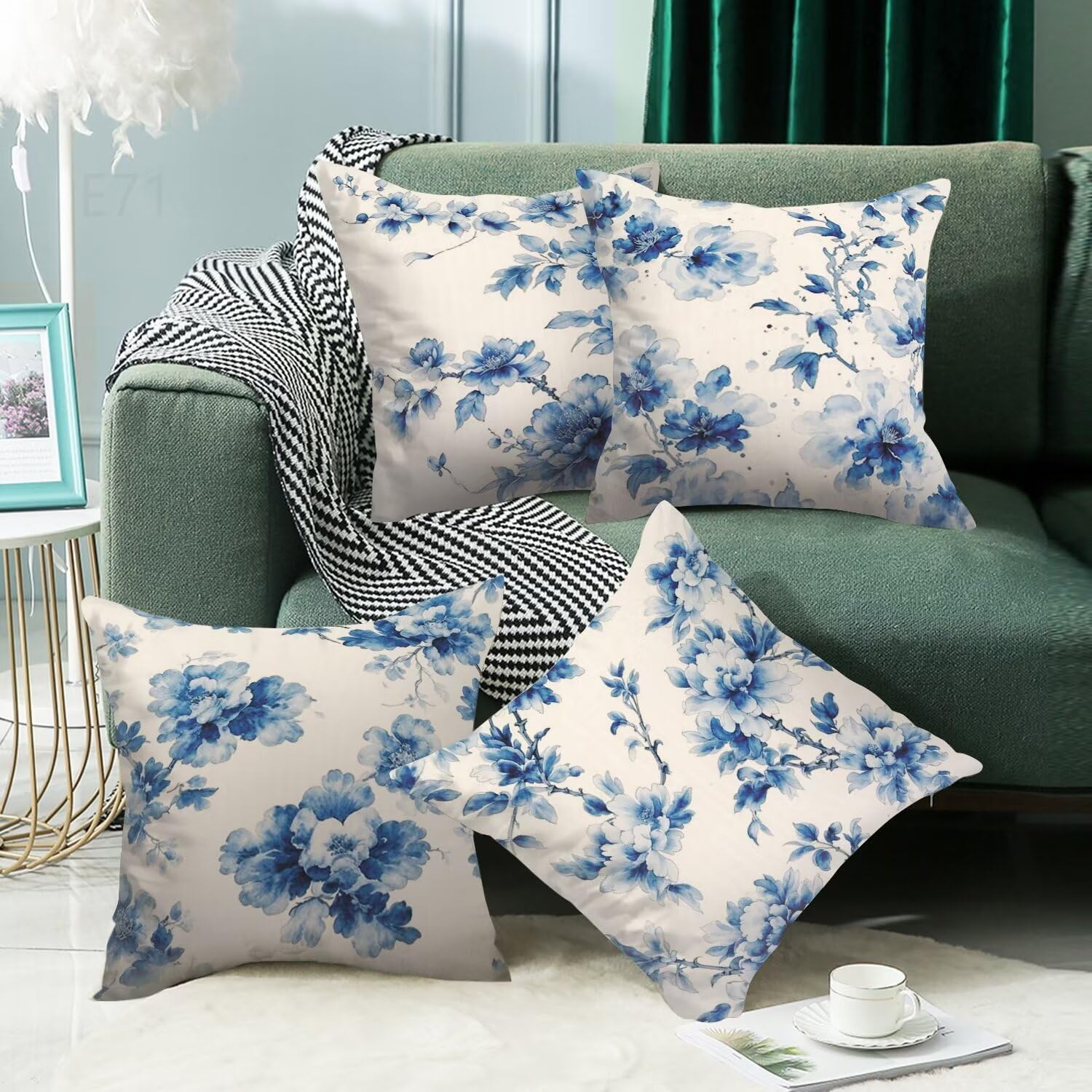 Blu Federe Cuscini Divano 65x65cm,4 Pack Fiore Estate Esterno Cuscini per Divano,Doppio Lato Quadrato Morbido Cuscini Divano,per Divano Soggiorno Sedia Letto Autunno Dekoration Cuscino,Regali LY-71