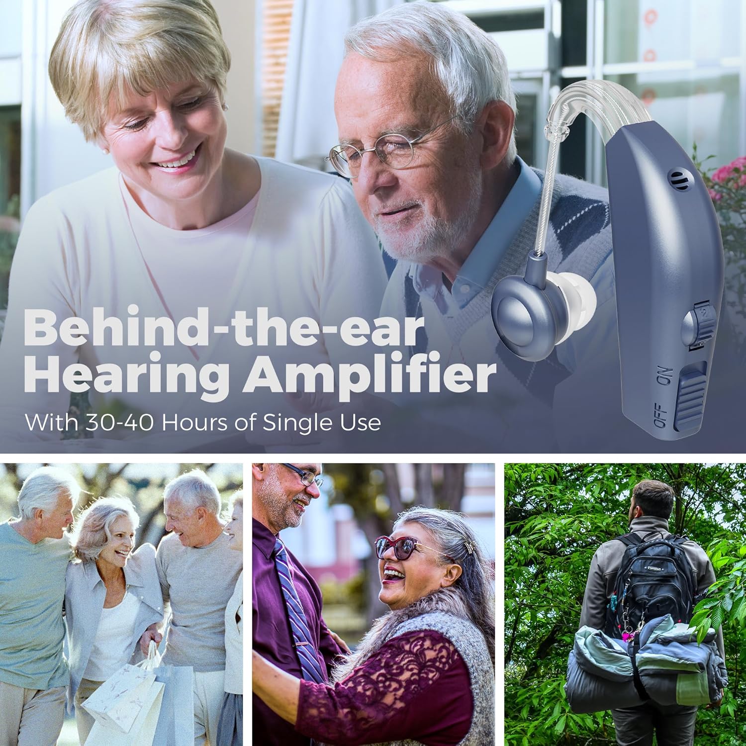 Image showing a person wearing a behind-the-ear hearing amplifier, highlighting its discreet design.