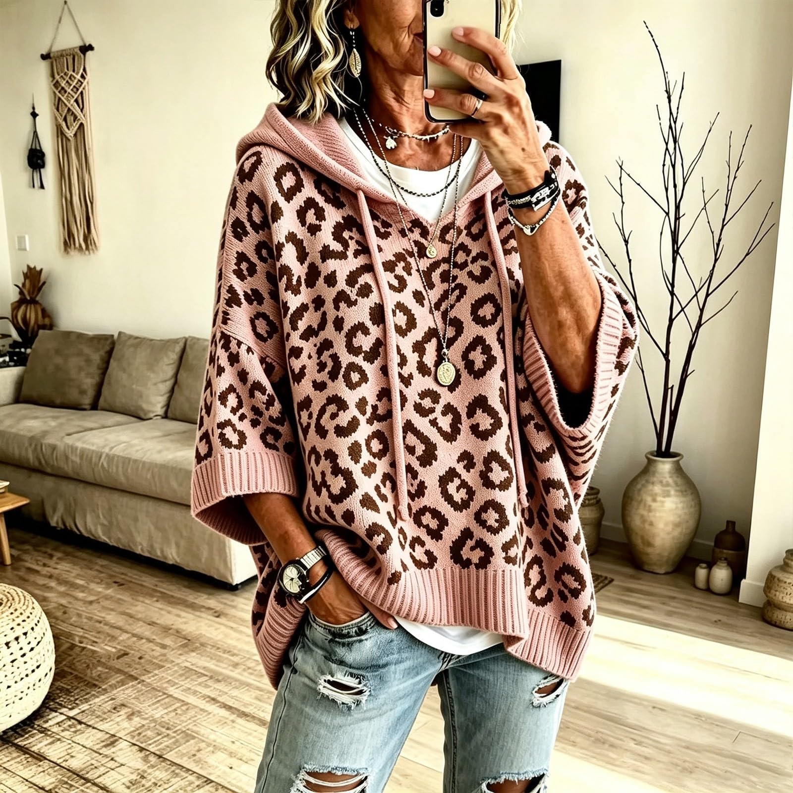 Pullover Damen Herbst Strick Hoodie Oversize Mit Print Sweatshirts 3/4 Arm