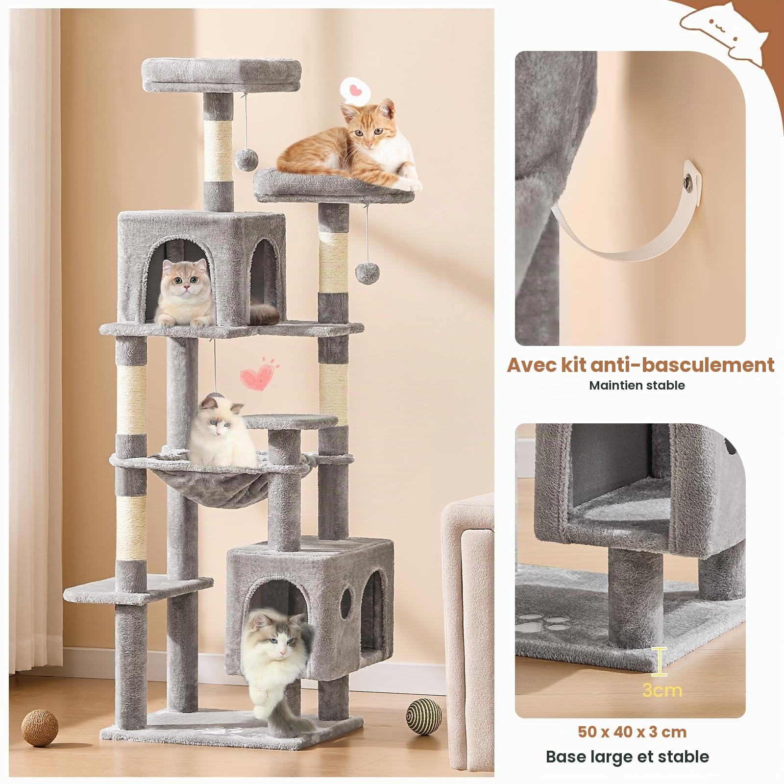 MSmask Grand arbre à chat stable en L avec 2 plateformes, 2 niches pour chats, hamac, colonnes en sisal, arbre d'escalade à plusieurs étages pour chats (gris clair, 160 cm)