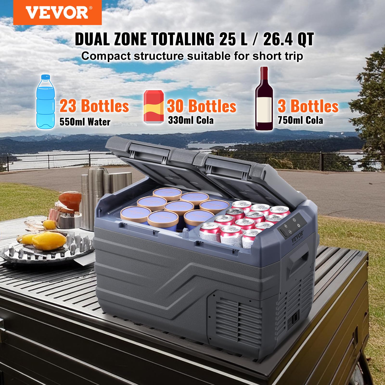 VEVOR Przenośna lodówka kompresyjna 25 L Mini lodówka samochodowa 12/24 V DC i 100-240 V AC Podwójna strefa chłodnica regulowana temperatura od -20°C do 20°C do ciężarówki łodzi domu na kemping