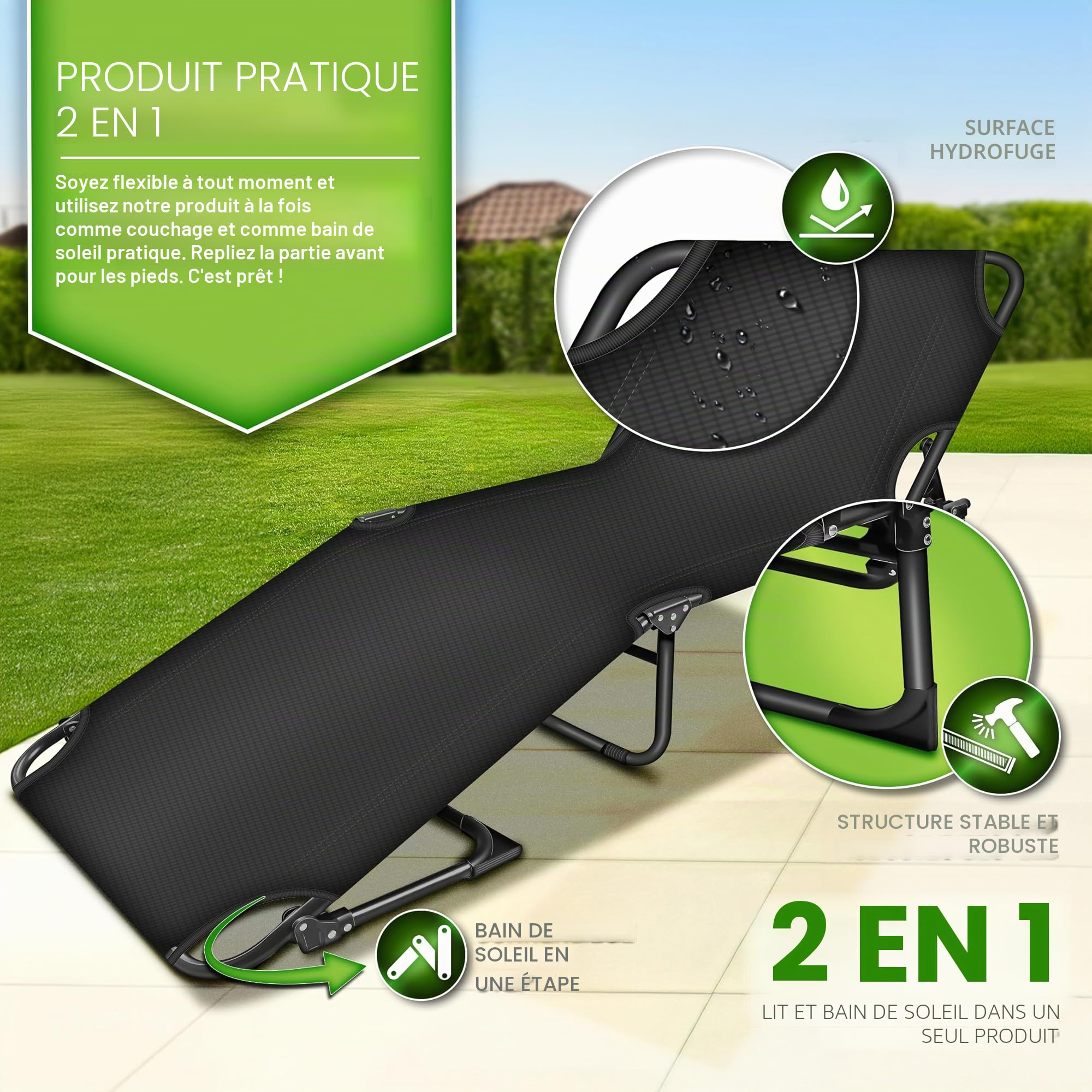 tillvex® Lit de camping pliable avec sac de transport et coussin de nuque - Charge maximale : 280 kg - Chaise longue de camping avec rembourrage - Pour l'extérieur et l'intérieur - Lit d'invité