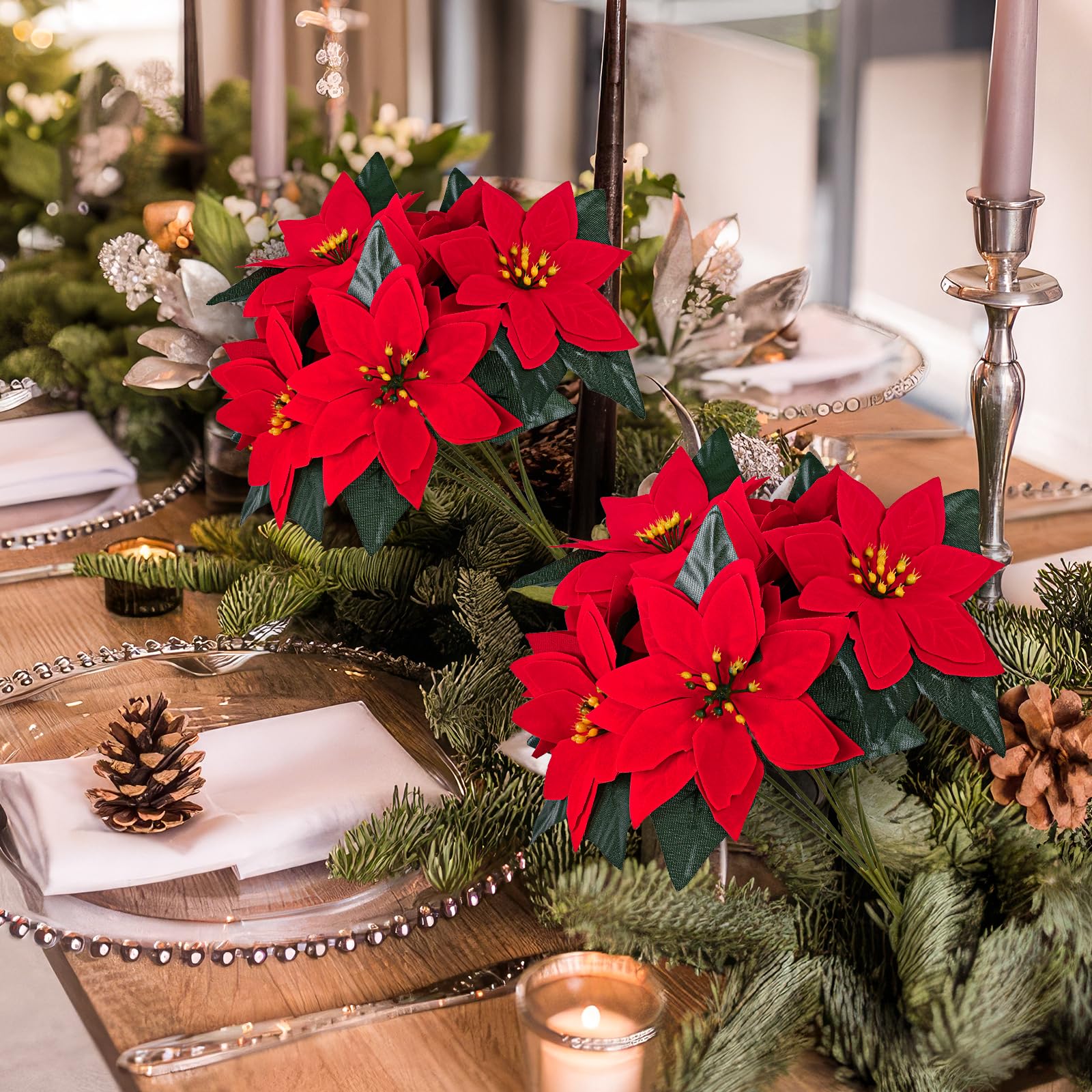 MARTINE MALL Paquete de 6 flores artificiales de Pascua con 7 cabezas, decoración de Navidad, ramo de flor de Pascua de terciopelo para árbol de Navidad, porche, hogar, jardín, decoración interior y