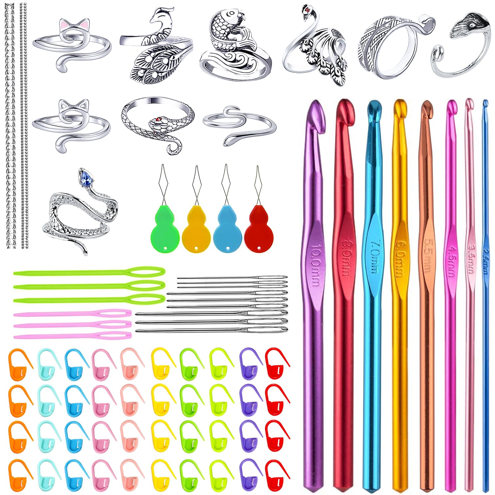 QVMKWL 10 Pcs Crochet Rings Knitting Ring for Finger and 8 Sizes Crochet Hooks with Crochet Accessories and Gadgets (8 Size Crochet Hooks)