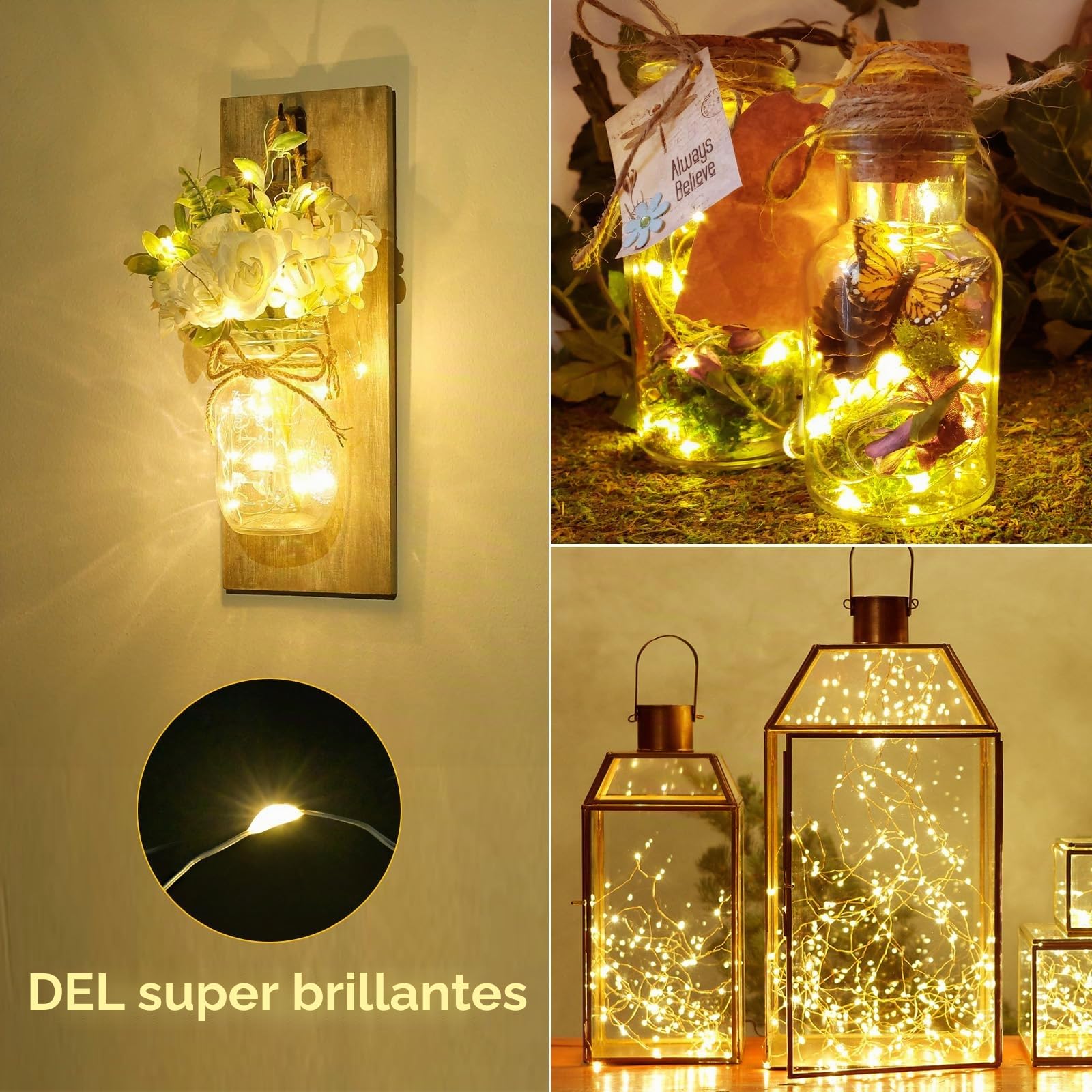 Lot de 3 mini guirlandes lumineuses avec piles - 2 m - 20 LED - Pour l'extérieur - Étanche - Pour la chambre, la décoration de la maison, un cadeau, un mariage, Noël, une fête - Blanc chaud