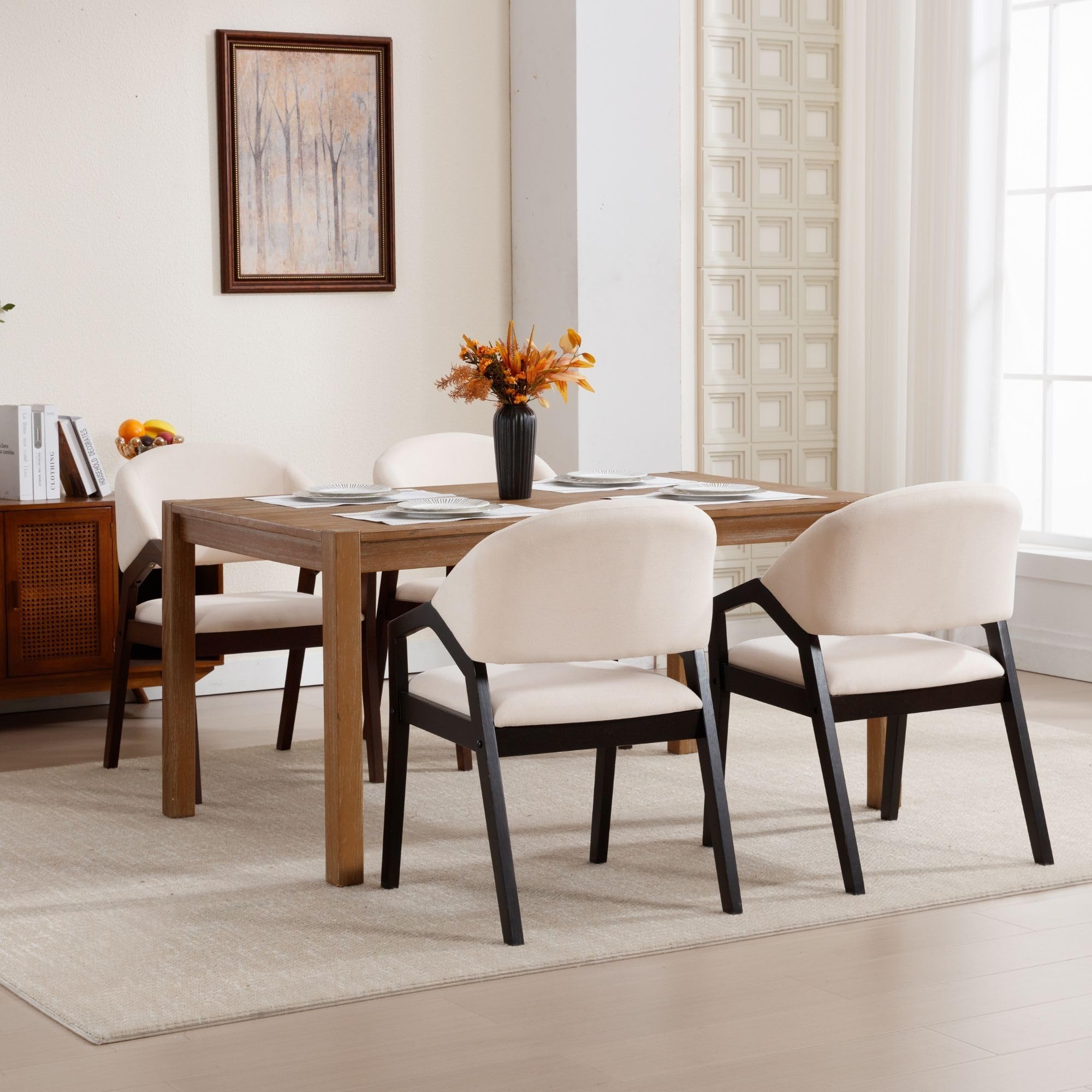 Mid Century Modern Dining Chairs Set of 4, Upholstered Barrel Dining Room Chairs with Arms & Black Walnut Finished, Wood Kitchen Chairs Arm Chairs for Dining Room/Living Room, Chenille Beige