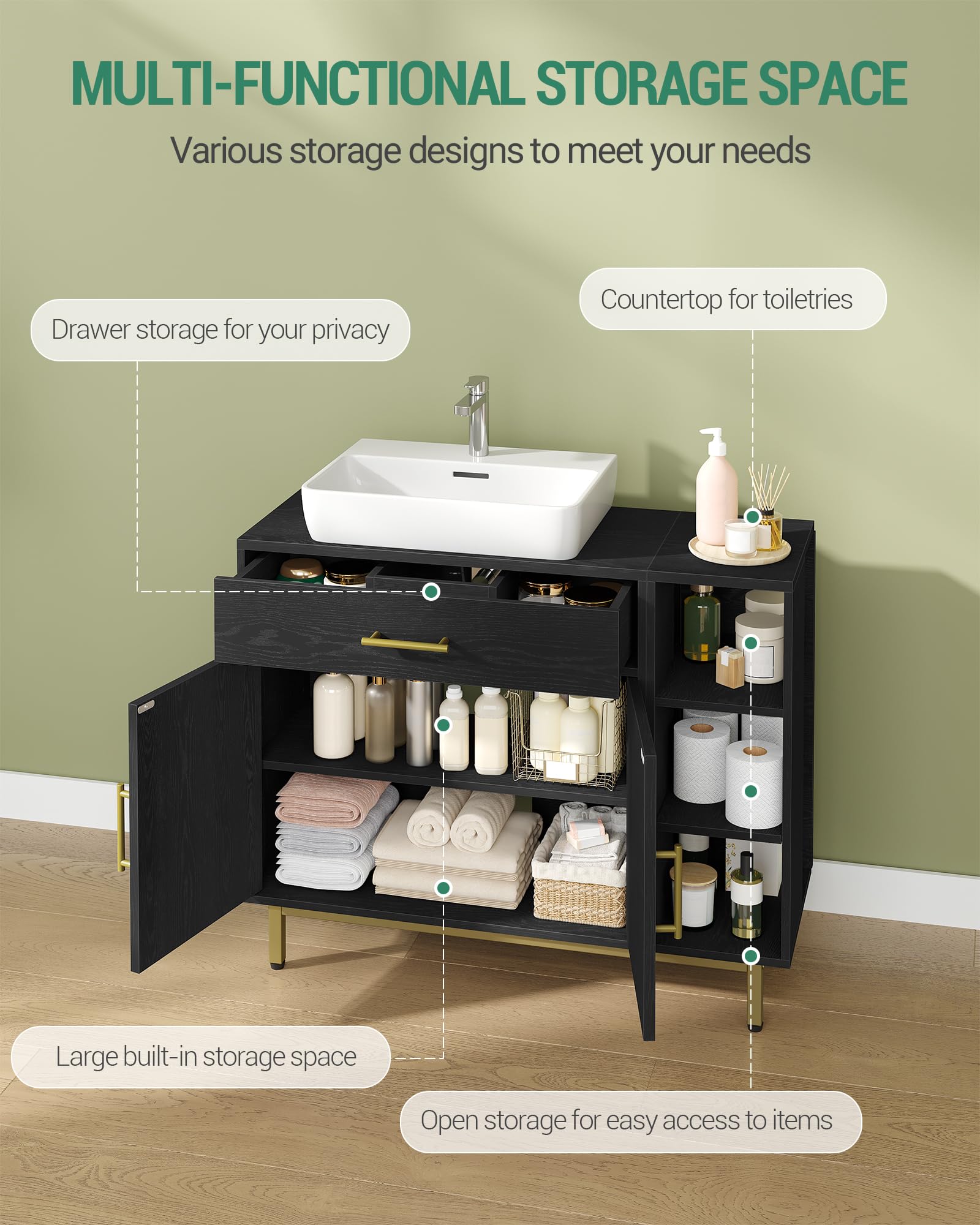 Hzuaneri Mobile Sottolavabo per Bagno, Mobiletto da Bagno, 1 Cassetto 2 Ante, Scomparto Aperto con 3 Livelli, Scomparto regolabile, 30 x 80 x 64 cm, Nero BC28804G