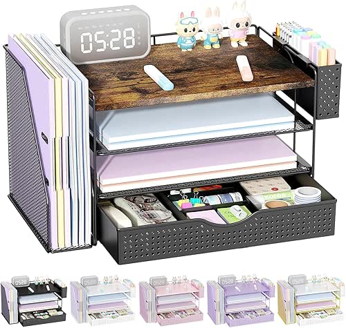 gianotter Wood Desk Organizers and Accessories with File Holder, 4-Tier