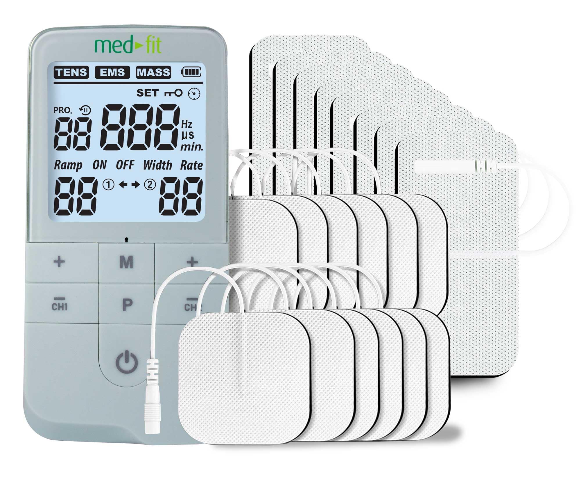 Estimulador muscular EMS digital de doble canal recargable Med-Fit Premier con 12 programas preestablecidos clínicamente validados y ajustes completamente manuales para configuraciones personalizables