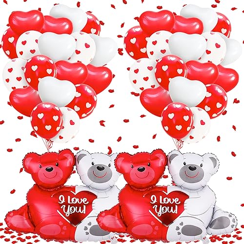 KatchOn, Globos rojos y blancos de San Valentín, paquete de 2042, enormes globos de oso de peluche, paquete de 2000 pétalos de rosa, globos de