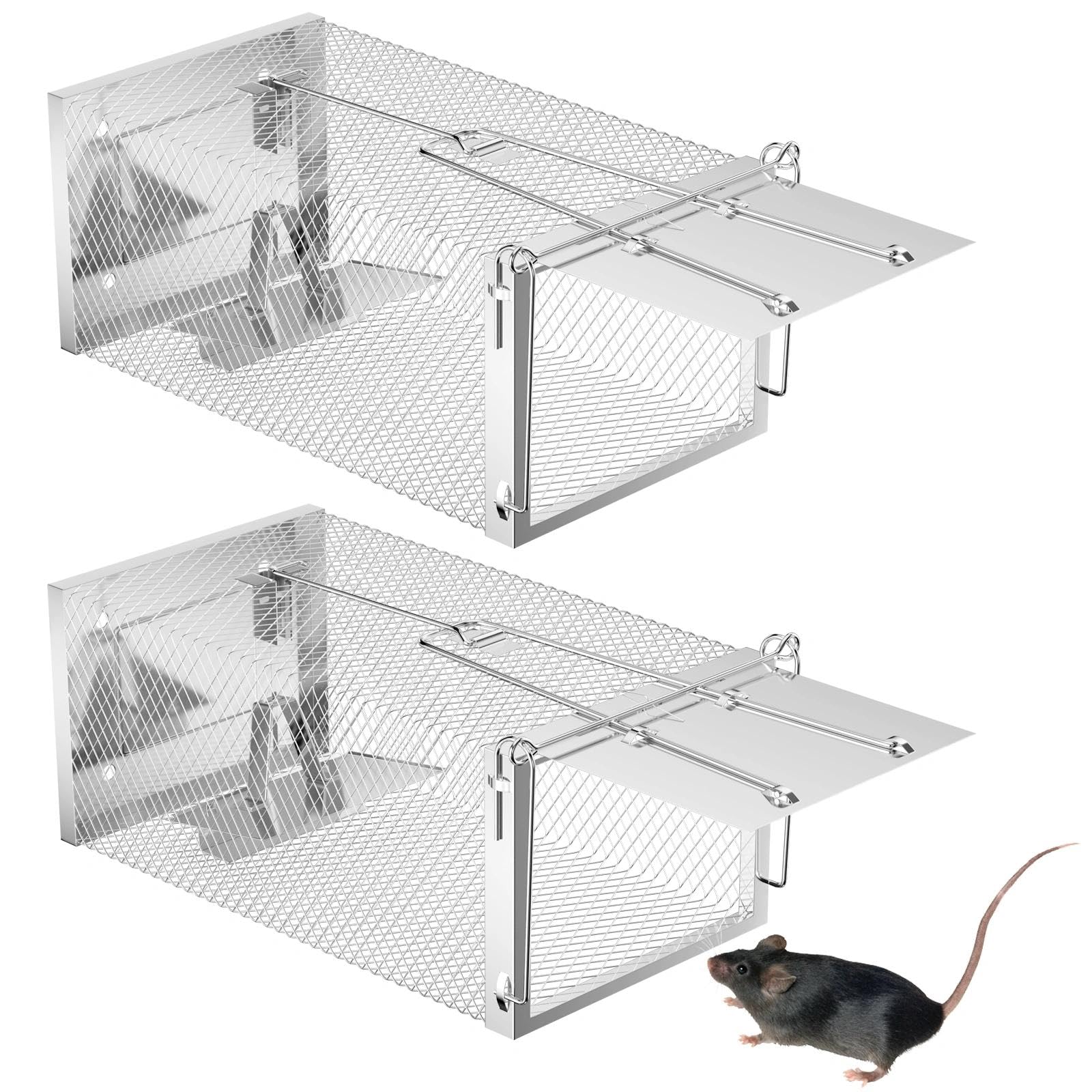 2 Pieza Trampa Ratones, Trampas Ratas con Orificio, Trampas Vivas Reutilizables, Jaula de Trampa de Metal, Sin Mecanismo de Liberación Táctil para Cocina Jardín Hogar Ático(26.5x15cm)