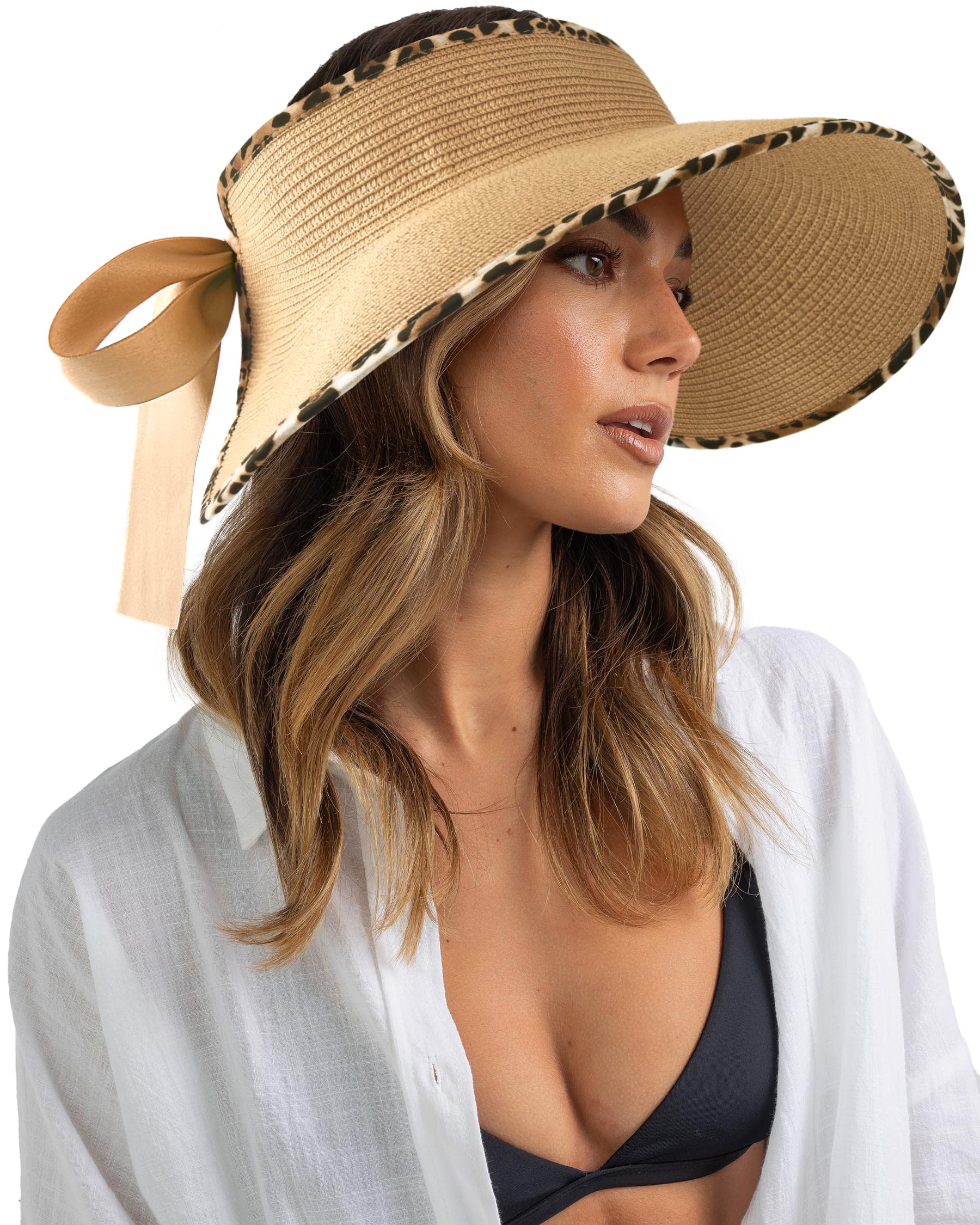 camptraceUPF 50+ Sun Visors for Women Wide Brim Beach Hat Foldable Straw Visor Hat Ponytail Summer Packable