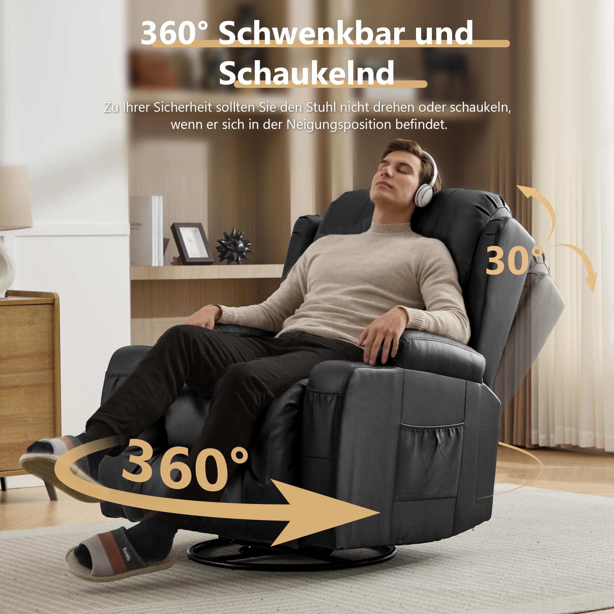 Relaxsessel mit Liegefunktion, Massagesessel mit Wärmefunktion, 360° Drehbarer Fernsehsessel Wohnzimmer, Schaukelstuhl mit Kissen/Seitentaschen/Getränkehalter (Schwarz)