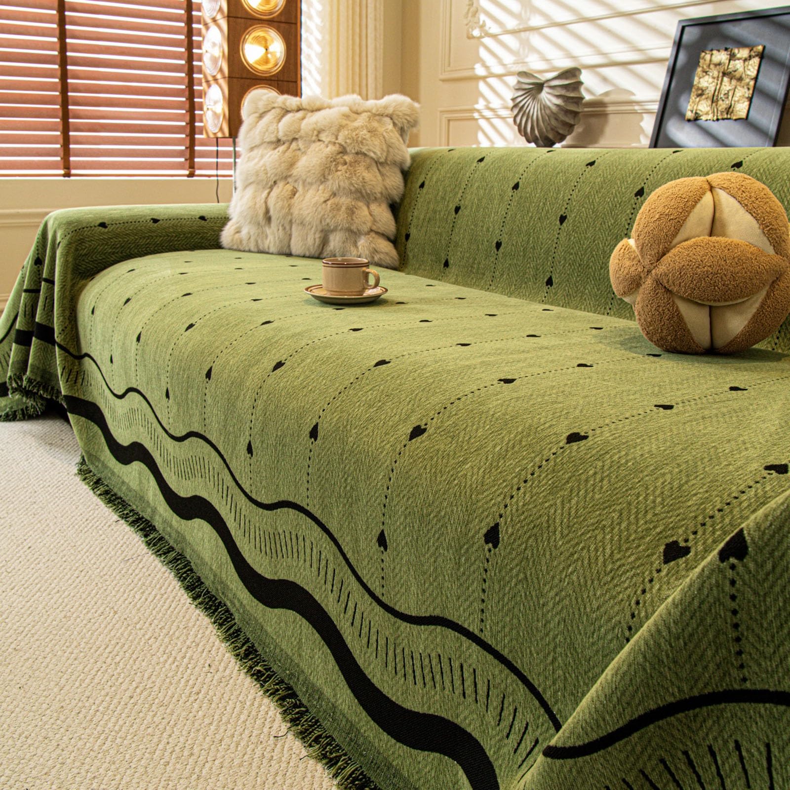 Yokqexz Chenille Couch Cover, Anti Scratch Sofa Protector with Tassels(Green,71"x170")
